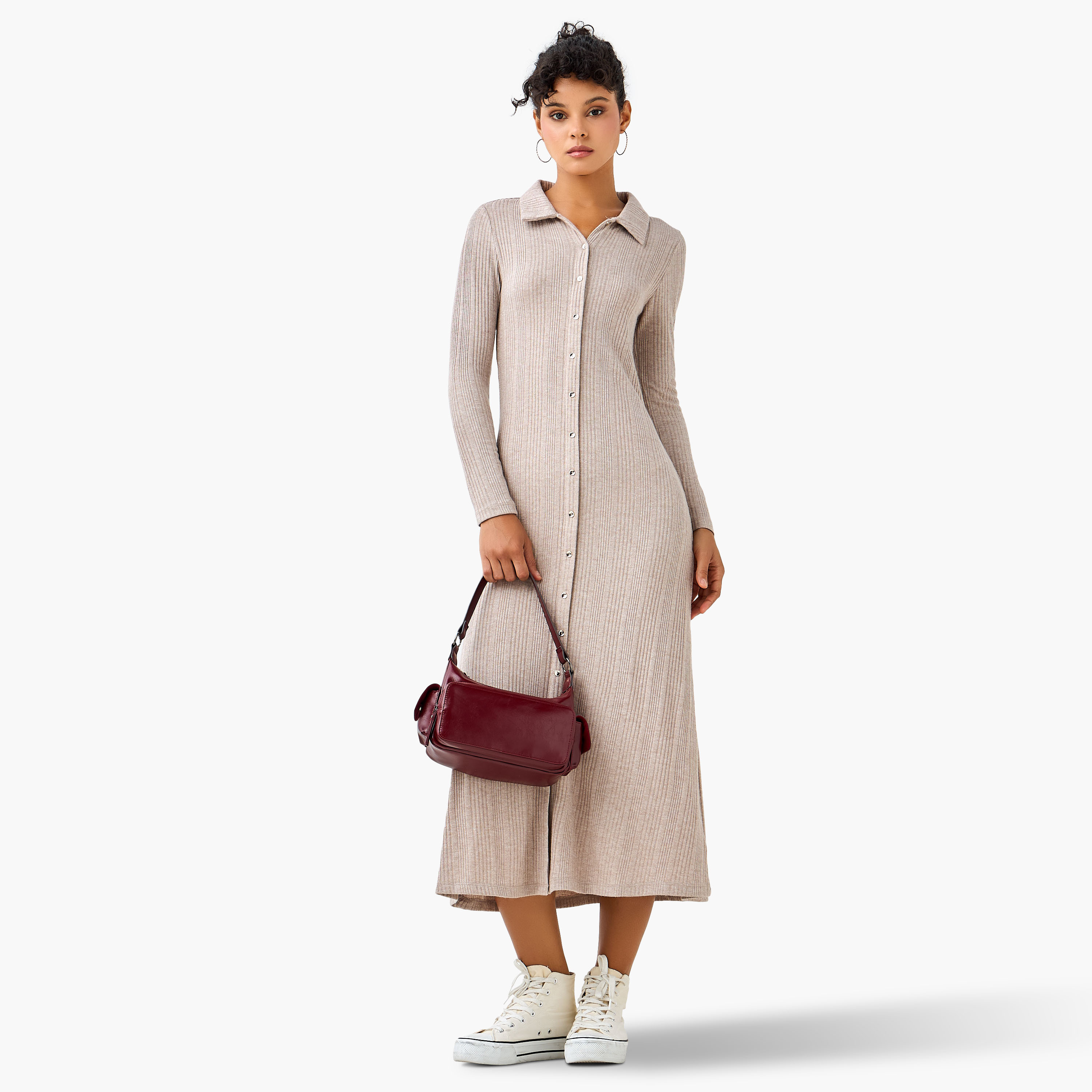 Ribbed Collared Button-Down Midi Dress-women-clothing-dresses-image-2