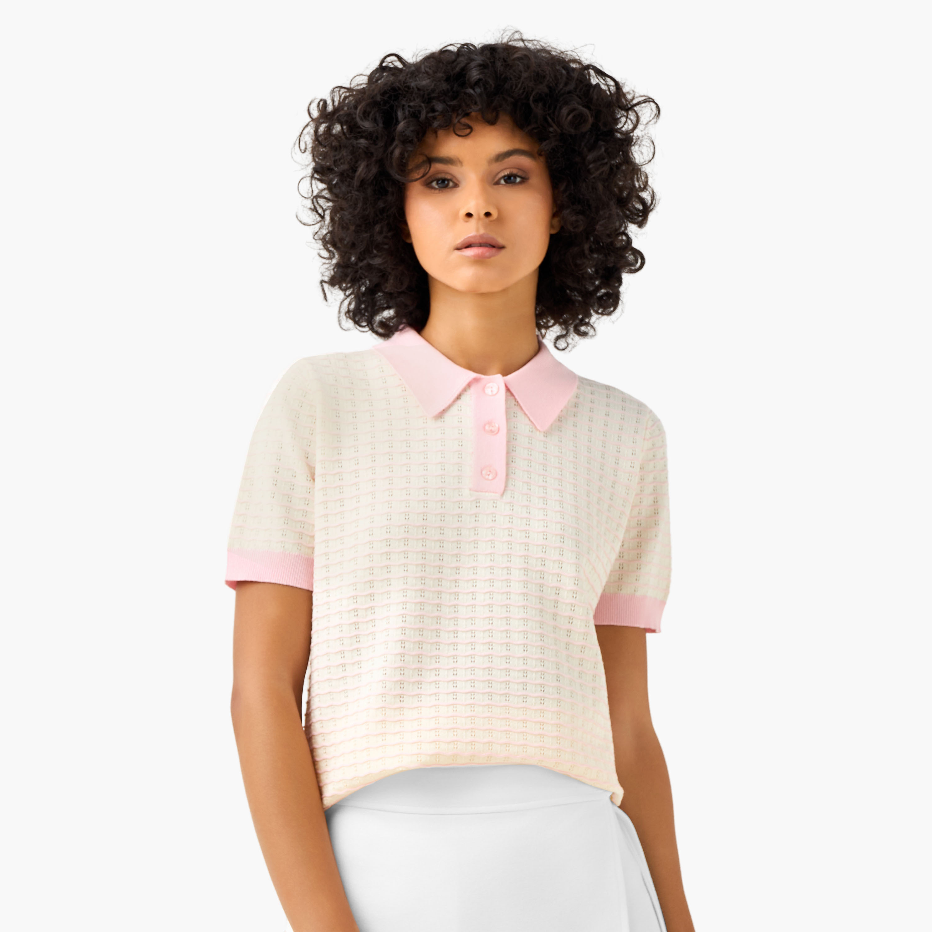 تيشيرت بولو بقصة عادية محبوك بارز الملمس-women-clothing-tshirts-image-6