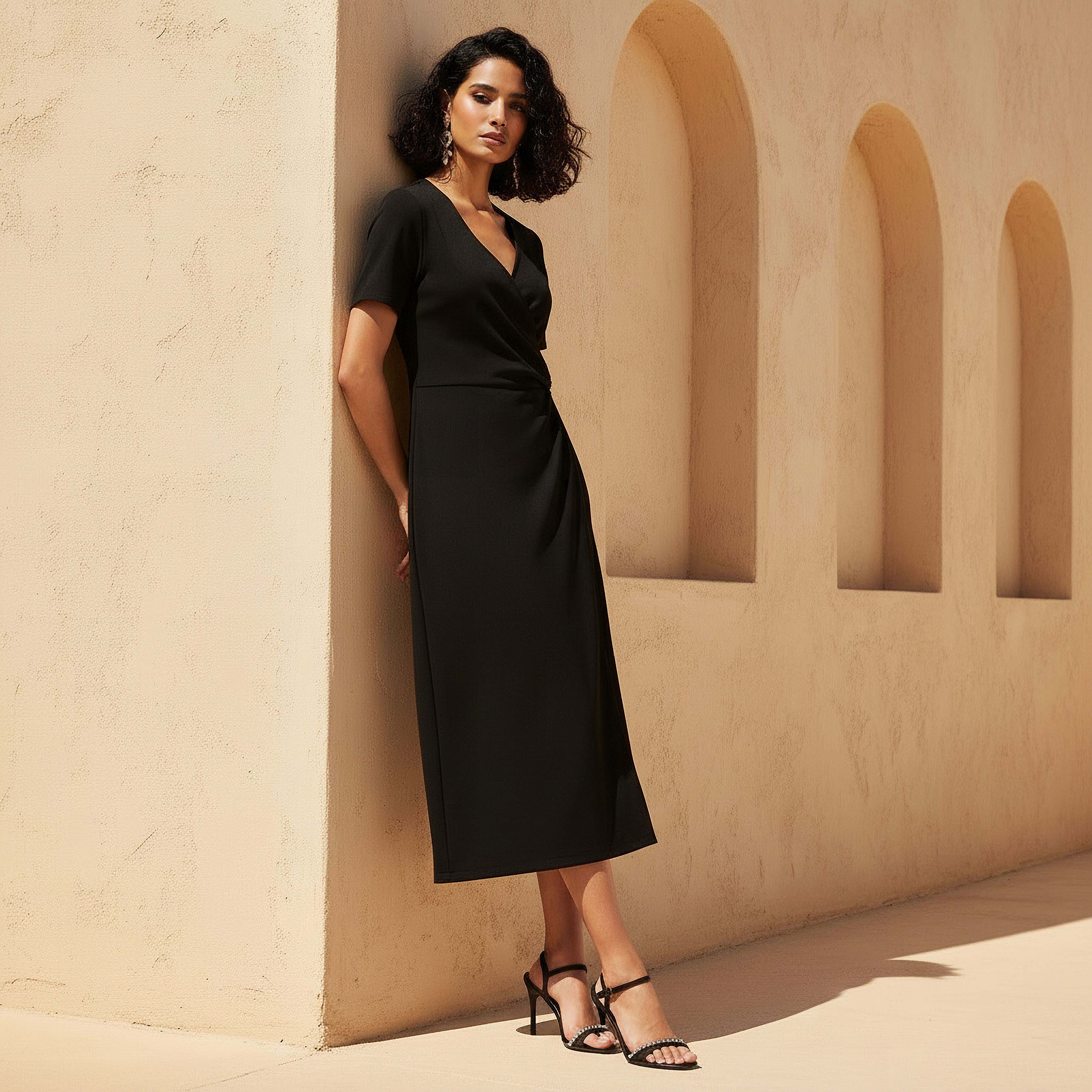 Wrap Midi Length Dress with Metal Accent-women-clothing-dresses-image-1