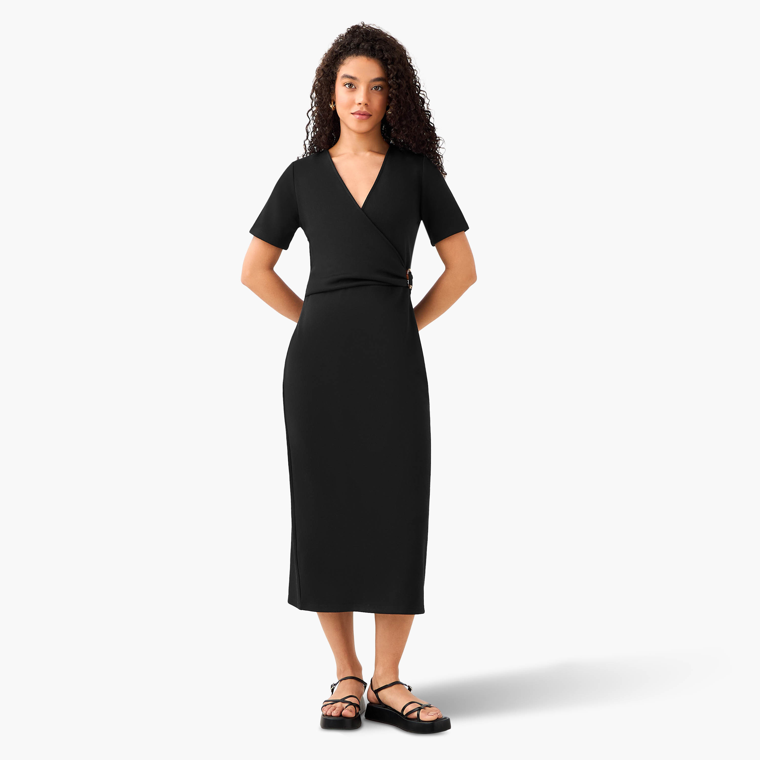 Wrap Midi Length Dress with Metal Accent-women-clothing-dresses-image-4