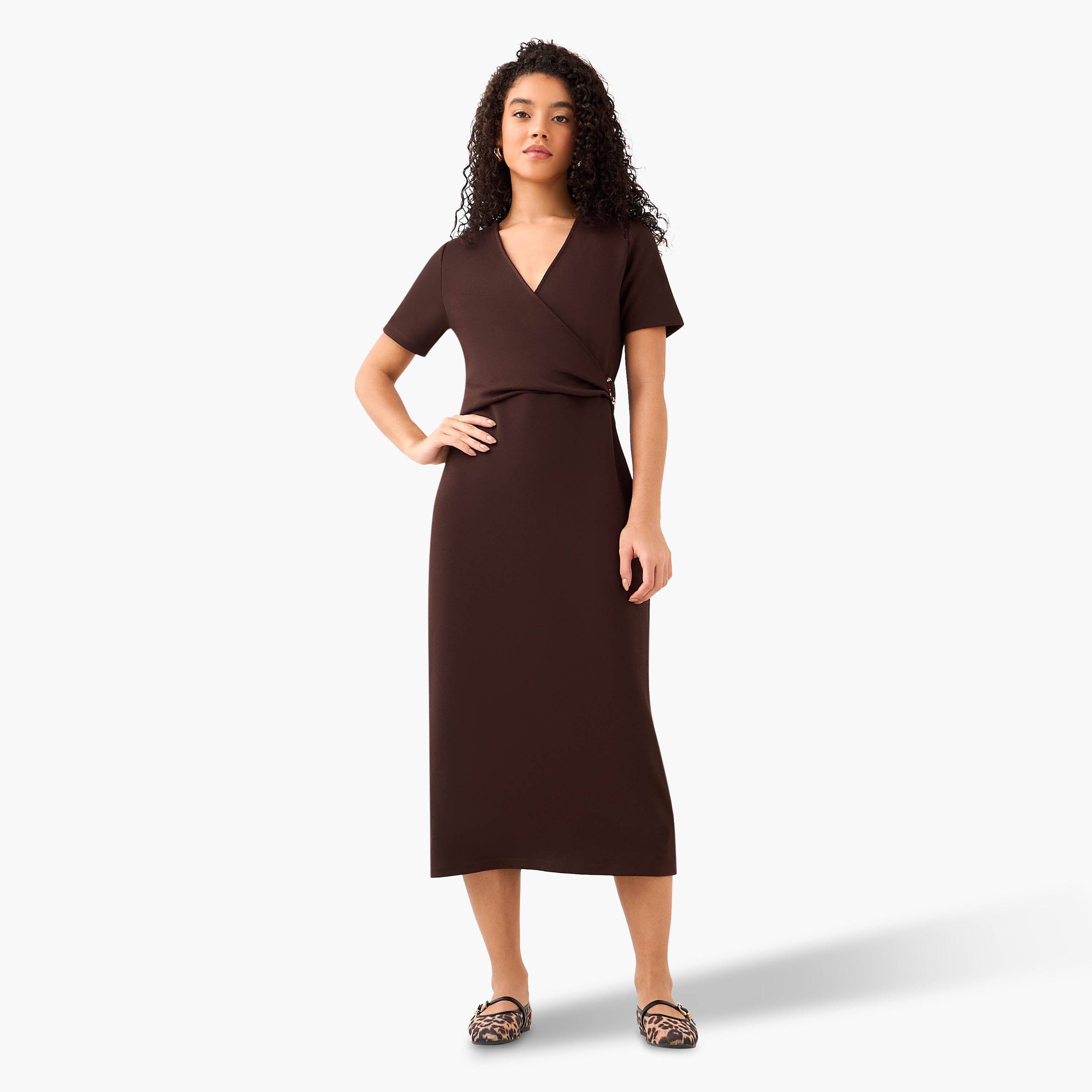 Wrap Midi Length Dress with Metal Accent-women-clothing-dresses-image-3