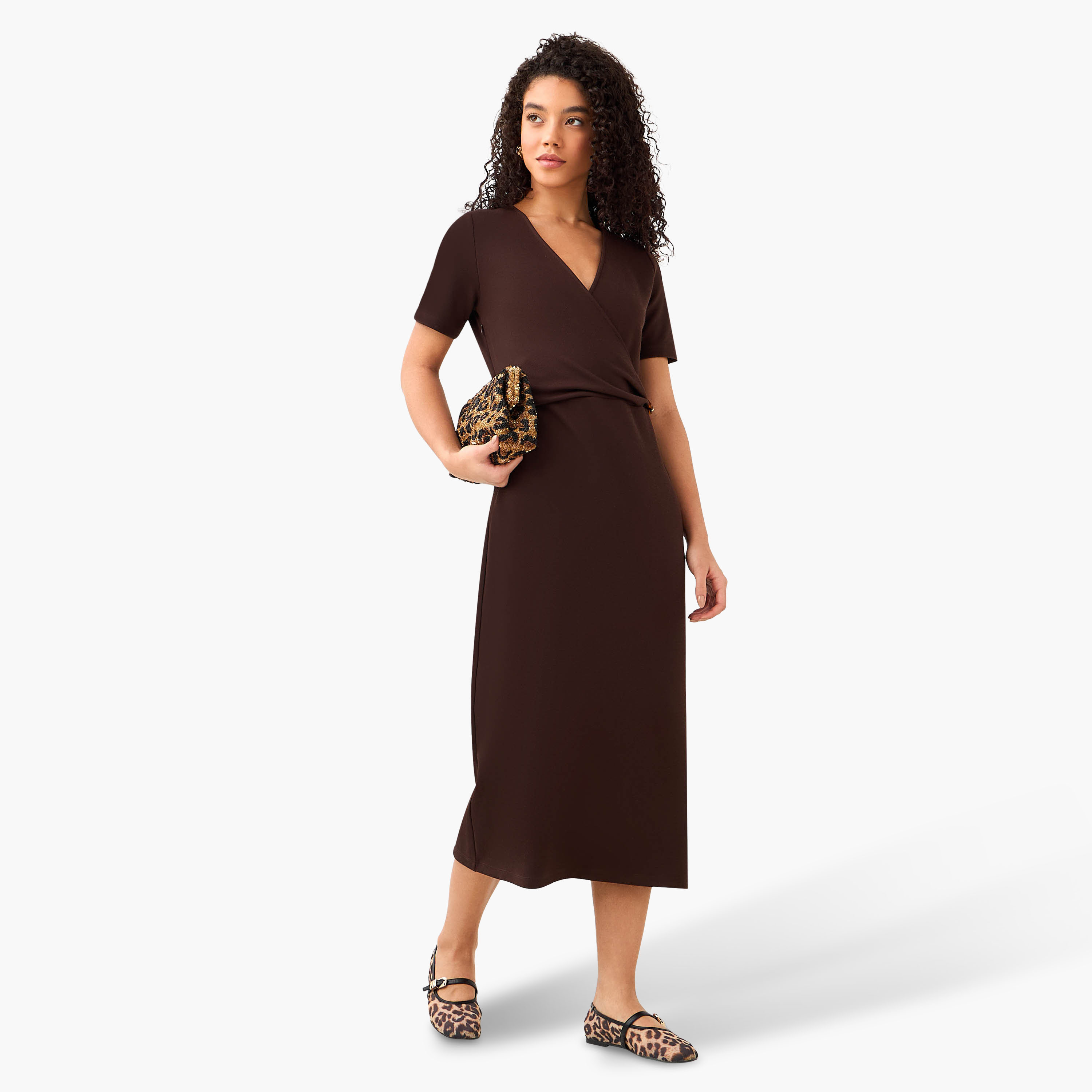 Wrap Midi Length Dress with Metal Accent-women-clothing-dresses-image-4