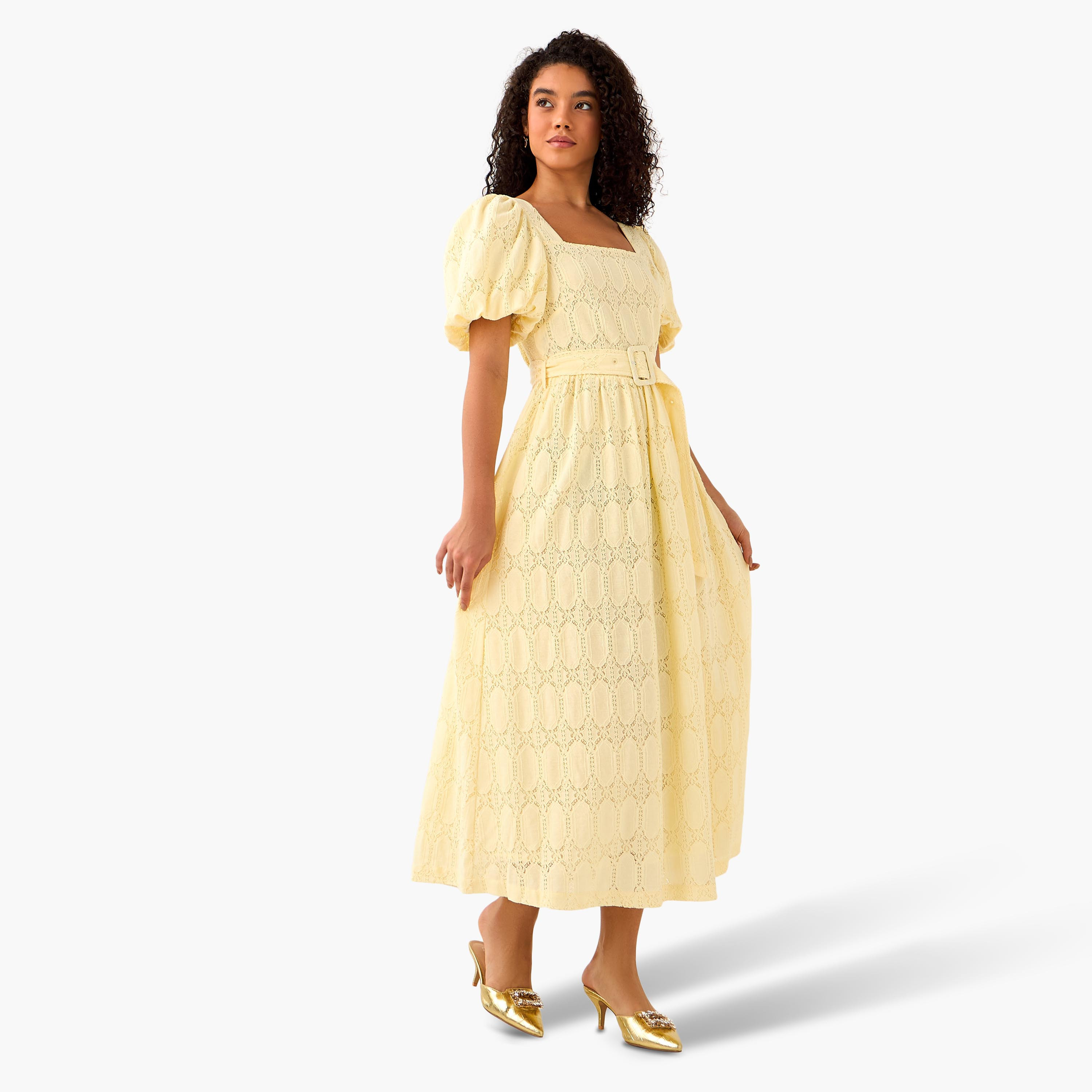 A-line Midi Dress with Puff Sleeves-women-clothing-dresses-image-3