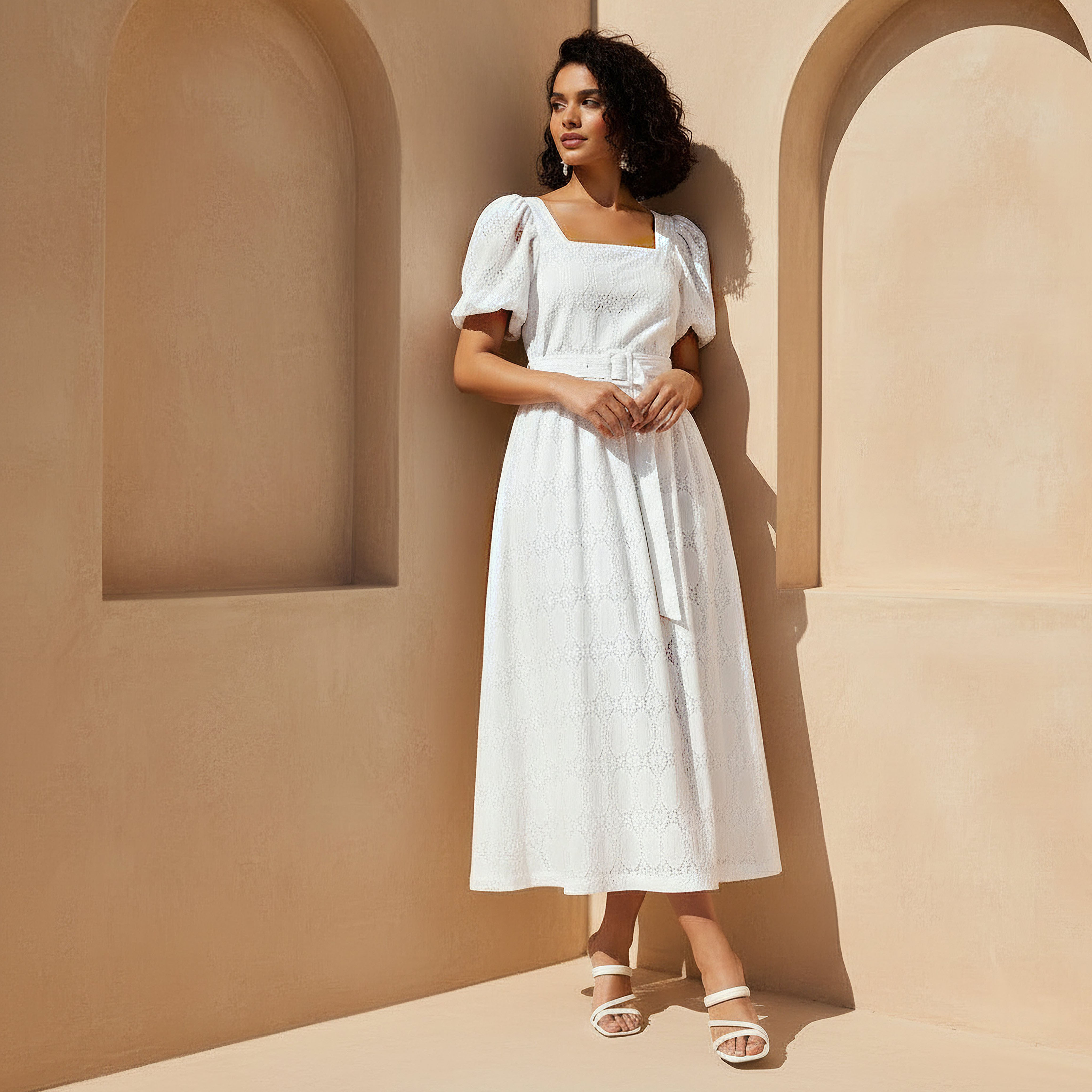 A-line Midi Dress with Puff Sleeves-women-clothing-dresses-image-1