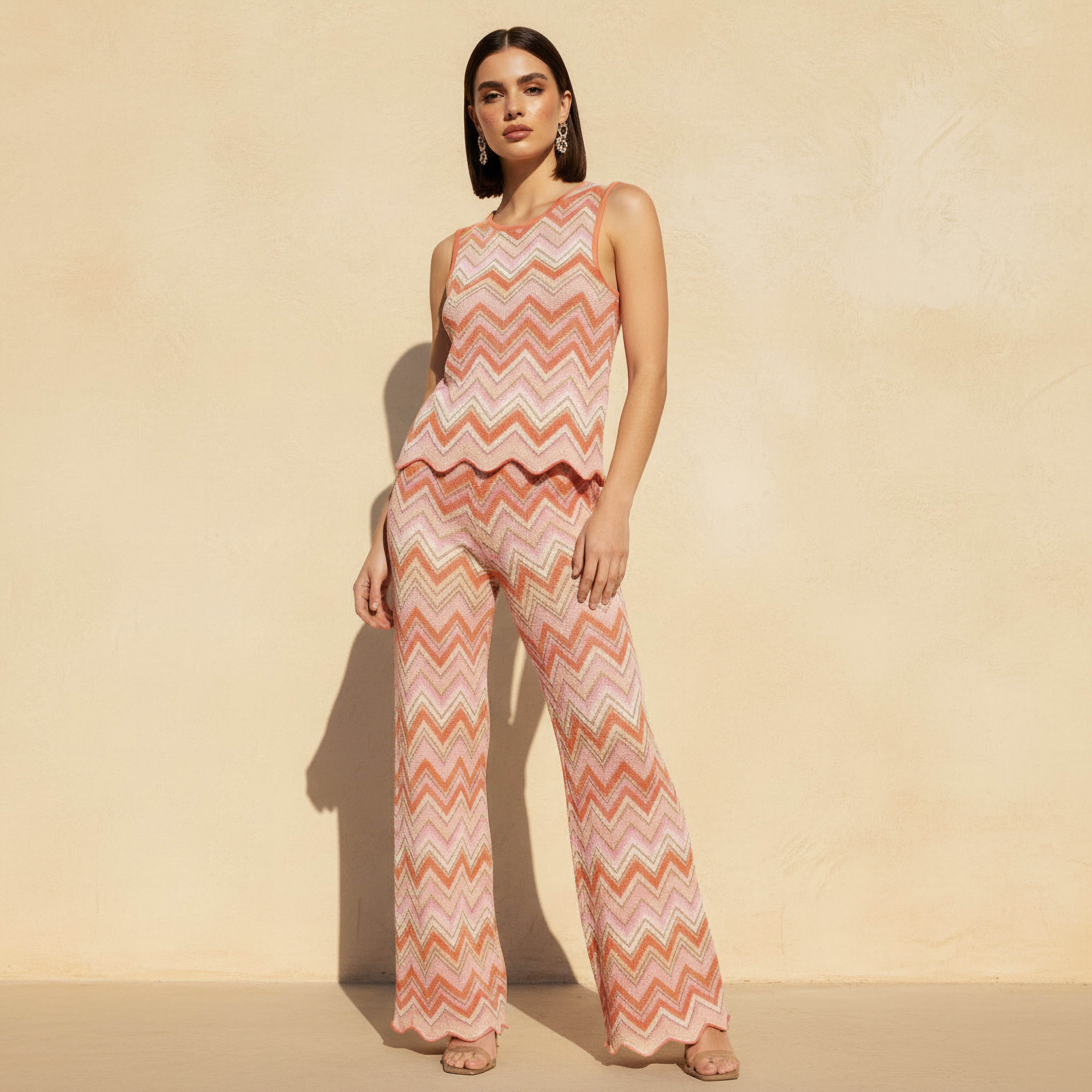 Regular Fit Mid-Rise Pants with Chevron Print-women-clothing-coordsets-image-3