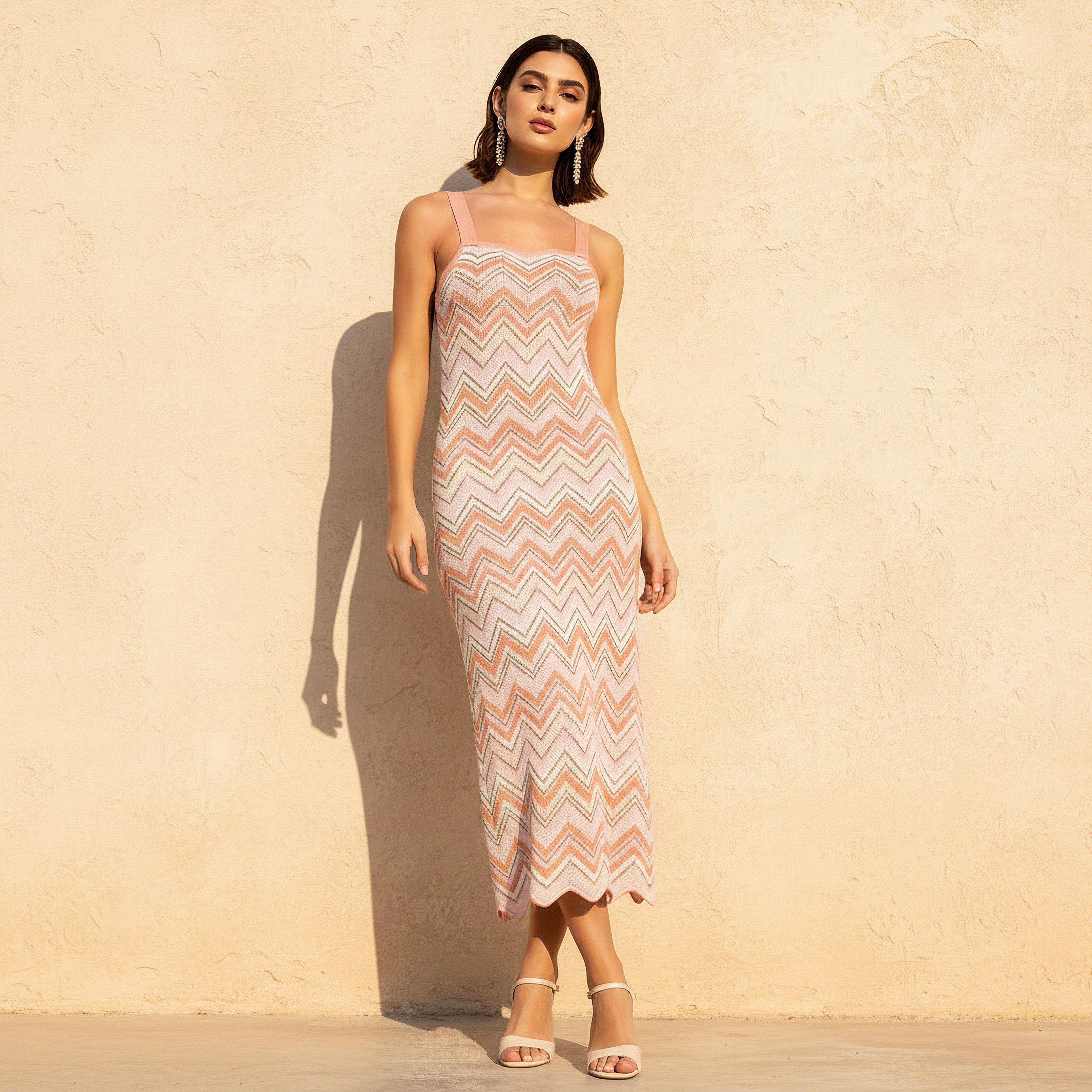 Chevron Textured A-line Women Dress Scalloped Hem-women-clothing-dresses-image-1