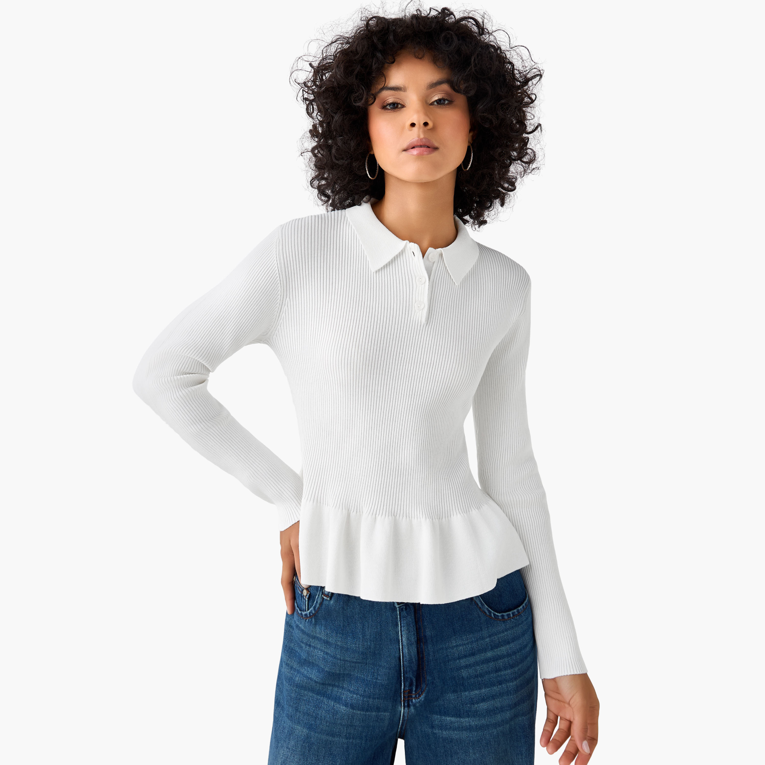 Regular Fit Polo Peplum Top with Ribbed Design-women-clothing-tshirts-image-3