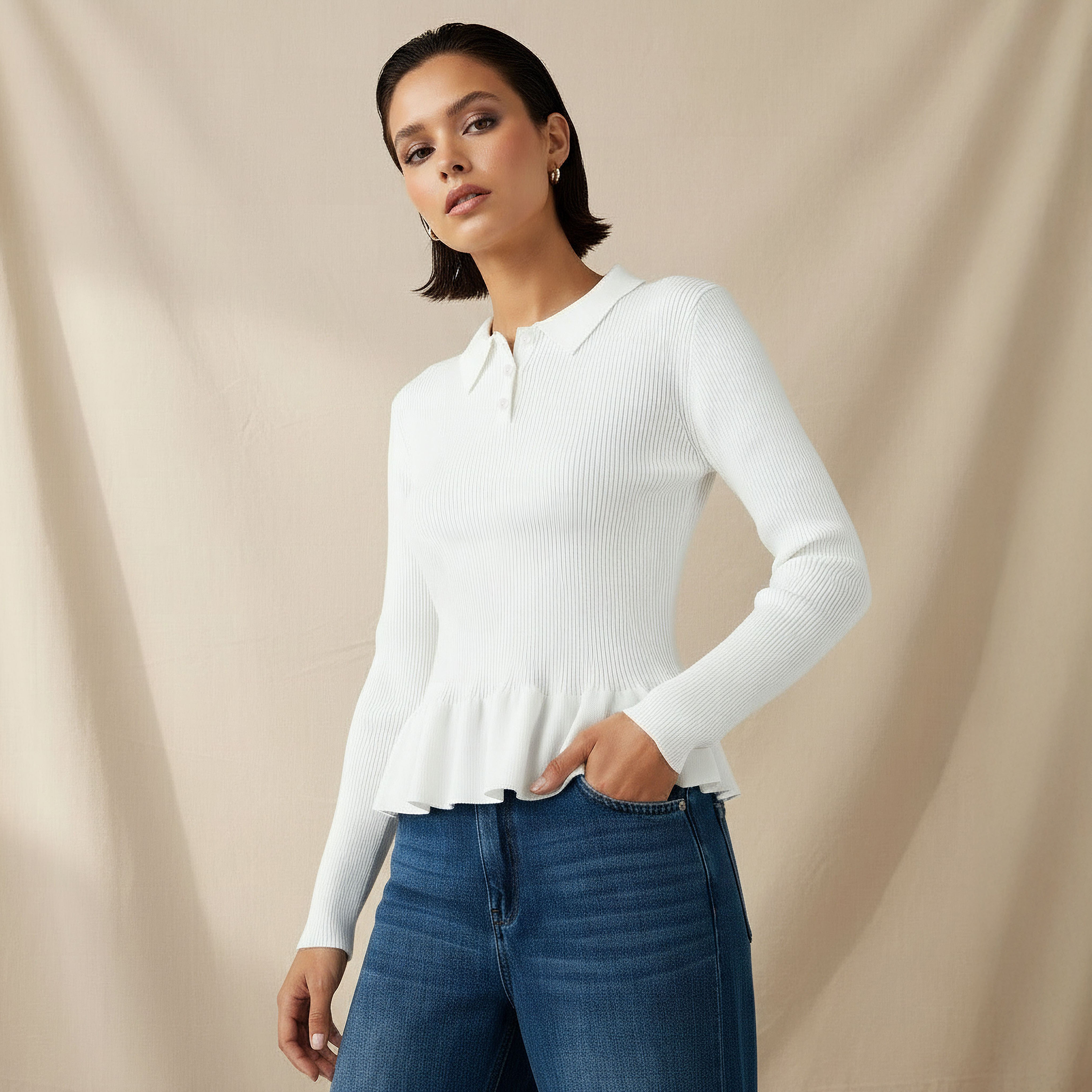 Regular Fit Polo Peplum Top with Ribbed Design-women-clothing-tshirts-image-1