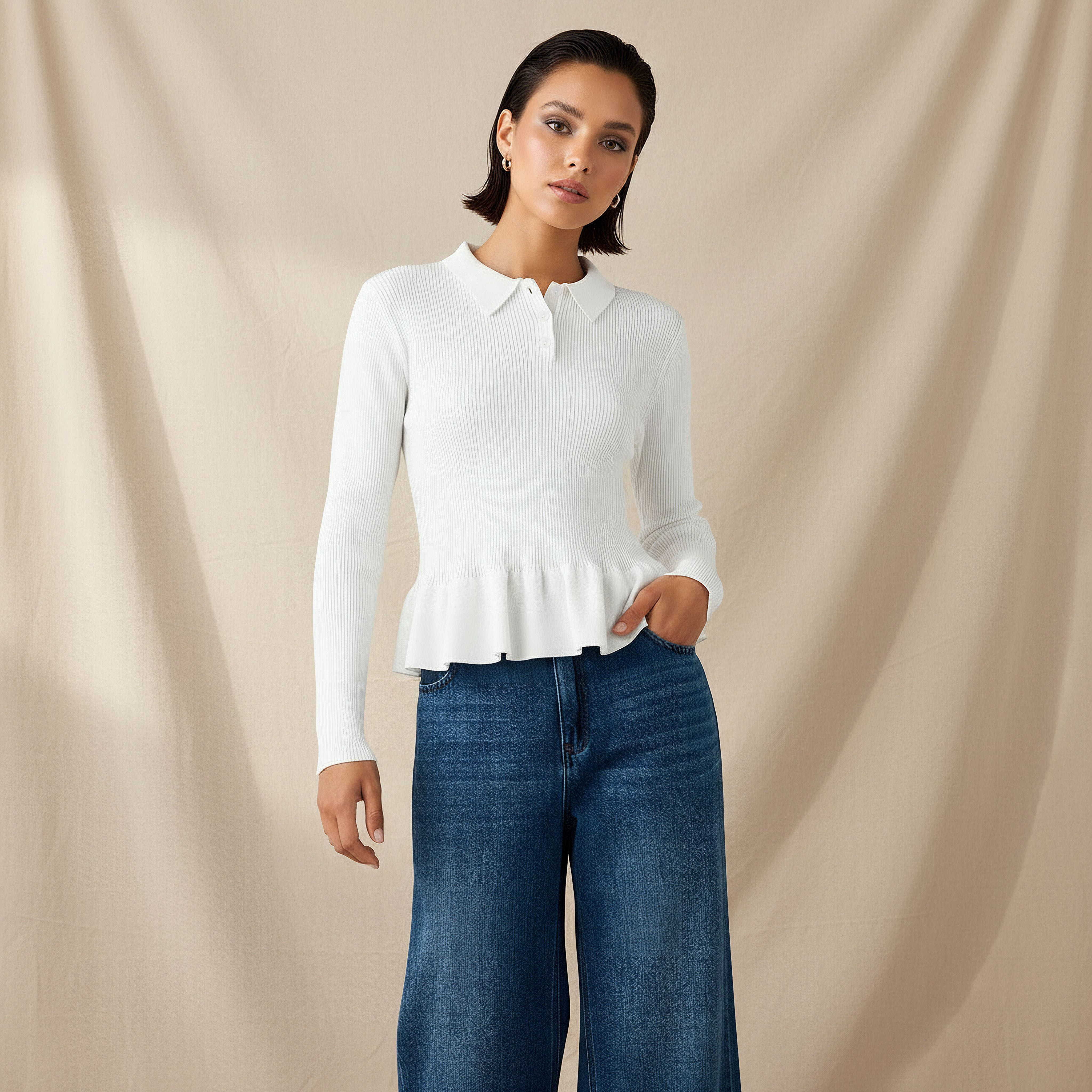 Regular Fit Polo Peplum Top with Ribbed Design-women-clothing-tshirts-image-2