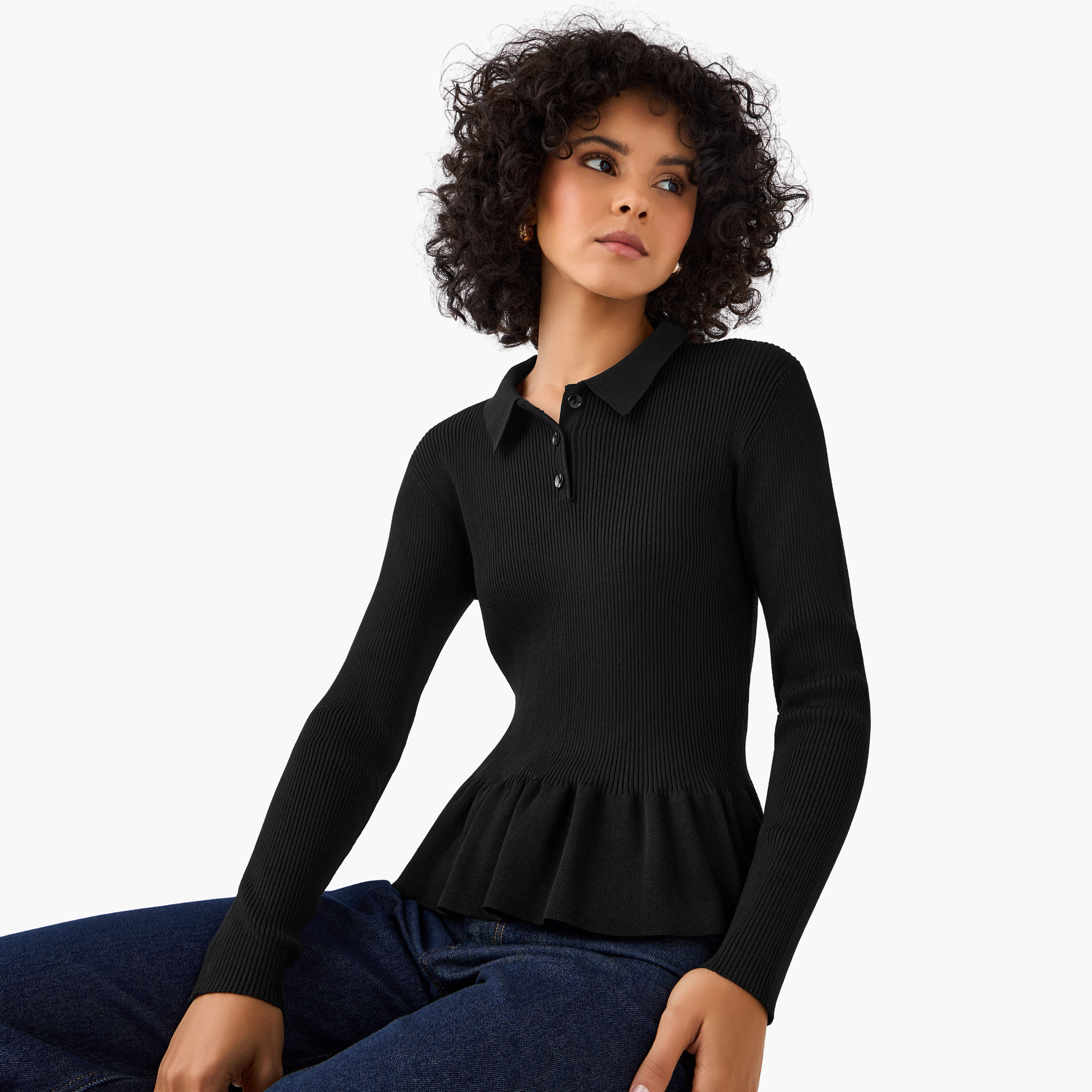 Regular Fit Polo Peplum Top with Ribbed Design-women-clothing-tshirts-image-3