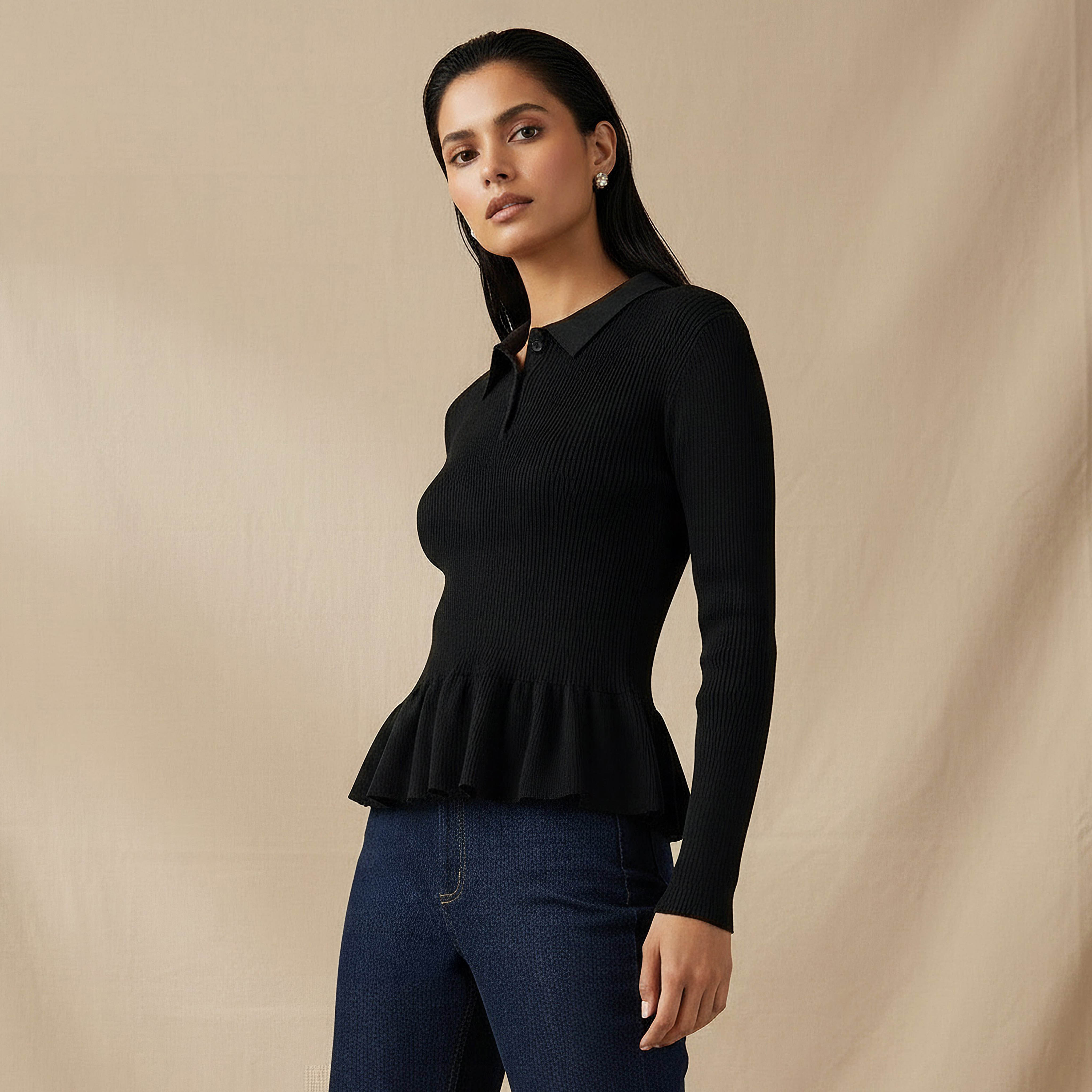 Regular Fit Polo Peplum Top with Ribbed Design-women-clothing-tshirts-image-1