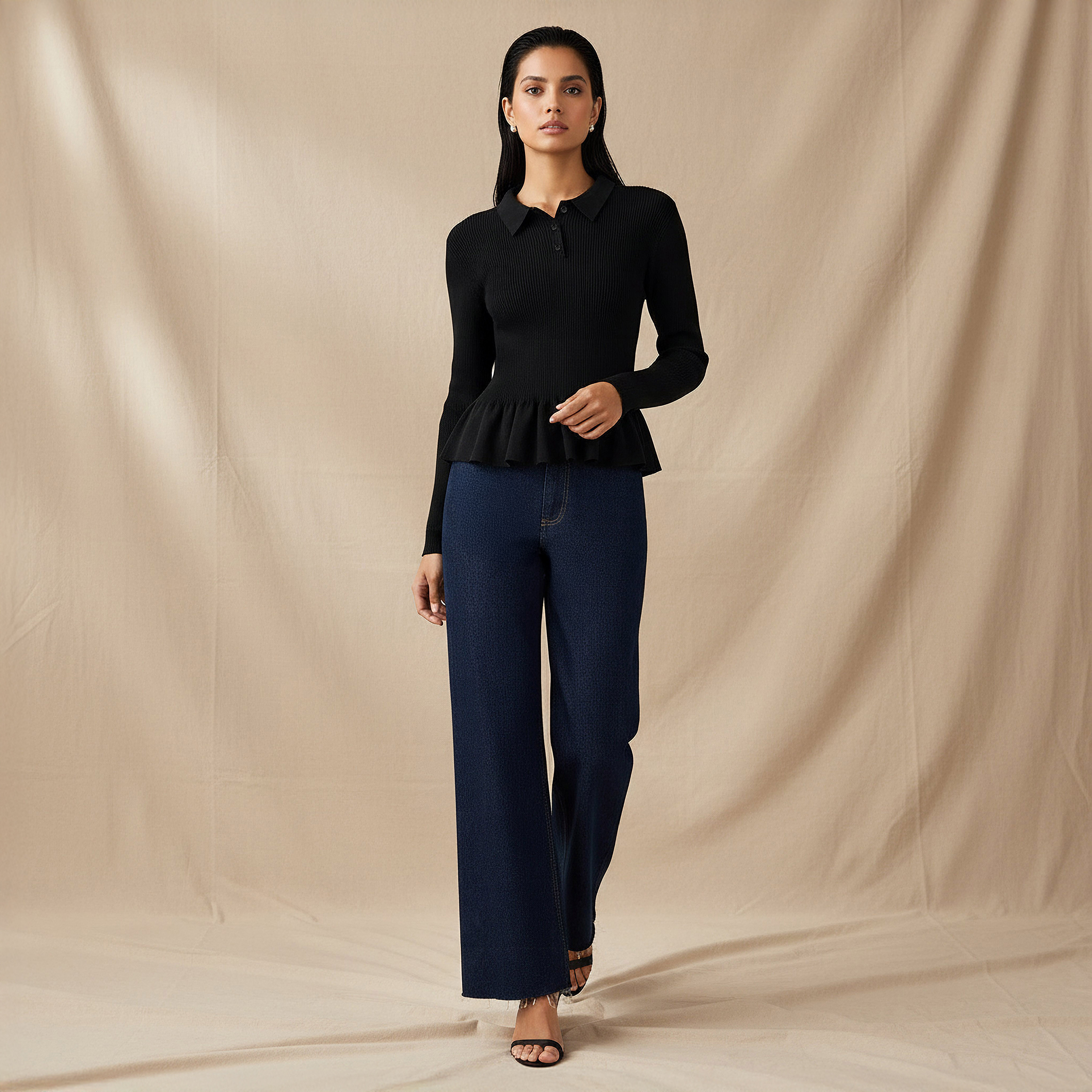 Regular Fit Polo Peplum Top with Ribbed Design-women-clothing-tshirts-image-2
