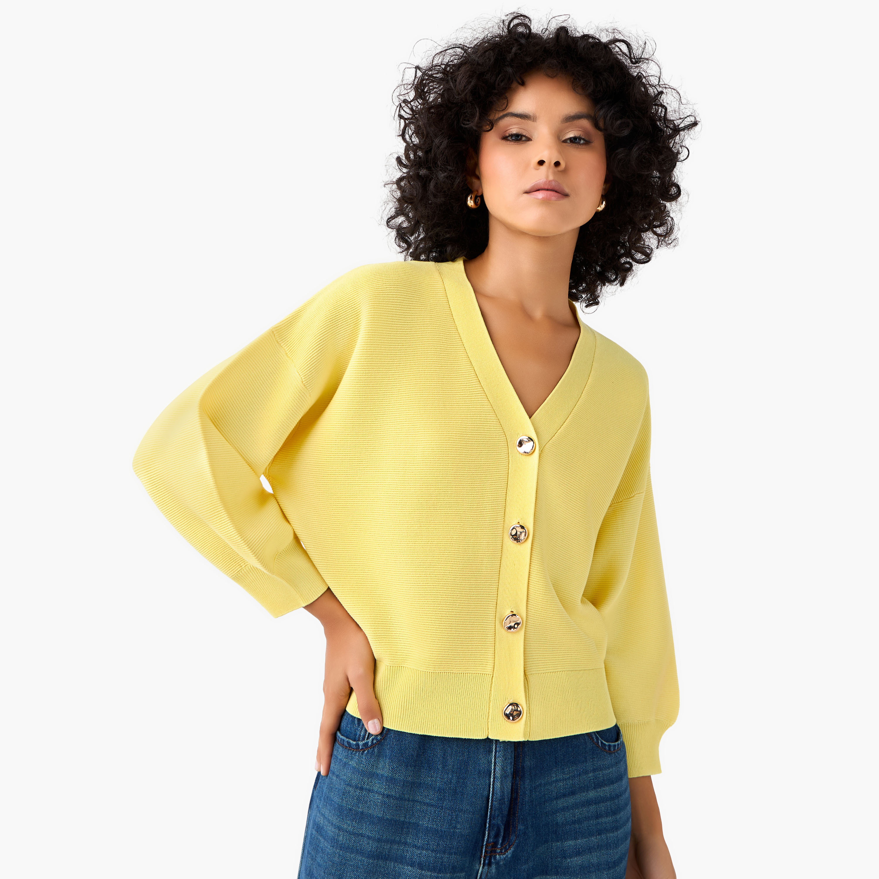 Ribbed Long Puff Sleeves V-neck Cardigan-women-winterwear-cardigansandjumpers-cardigans-image-3