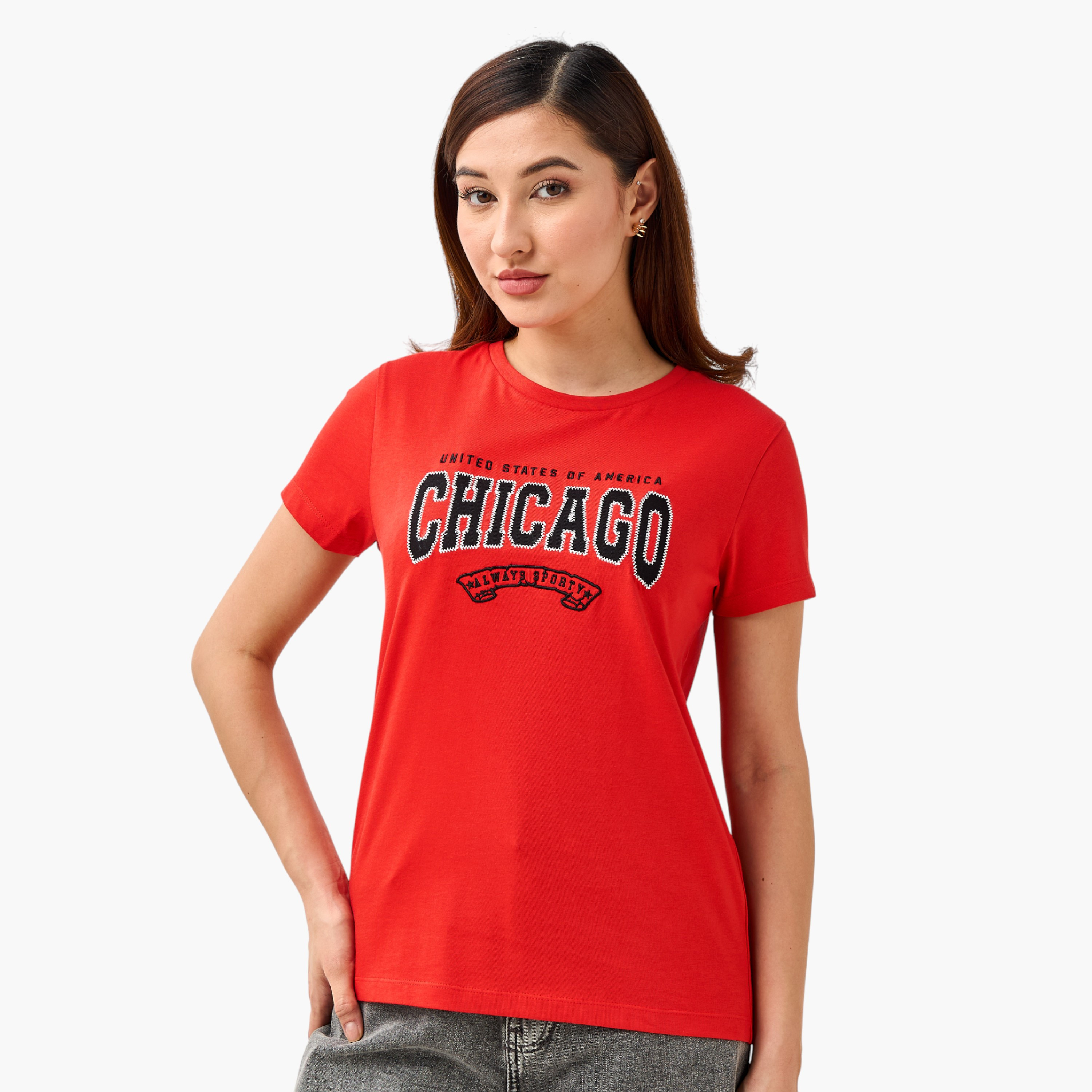Regular Fit Cotton T-shirt with Embroidery-women-clothing-tshirts-image-2