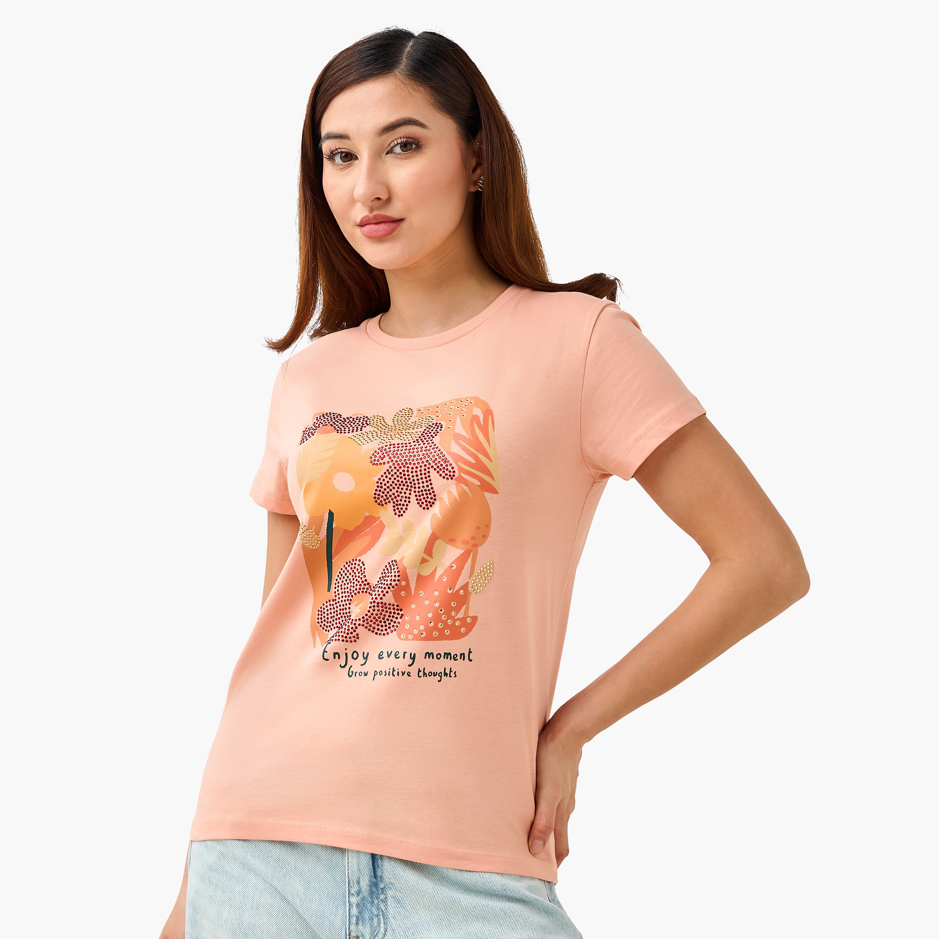 Regular Fit Cotton T-shirt with Embellishments-women-clothing-tshirts-image-1
