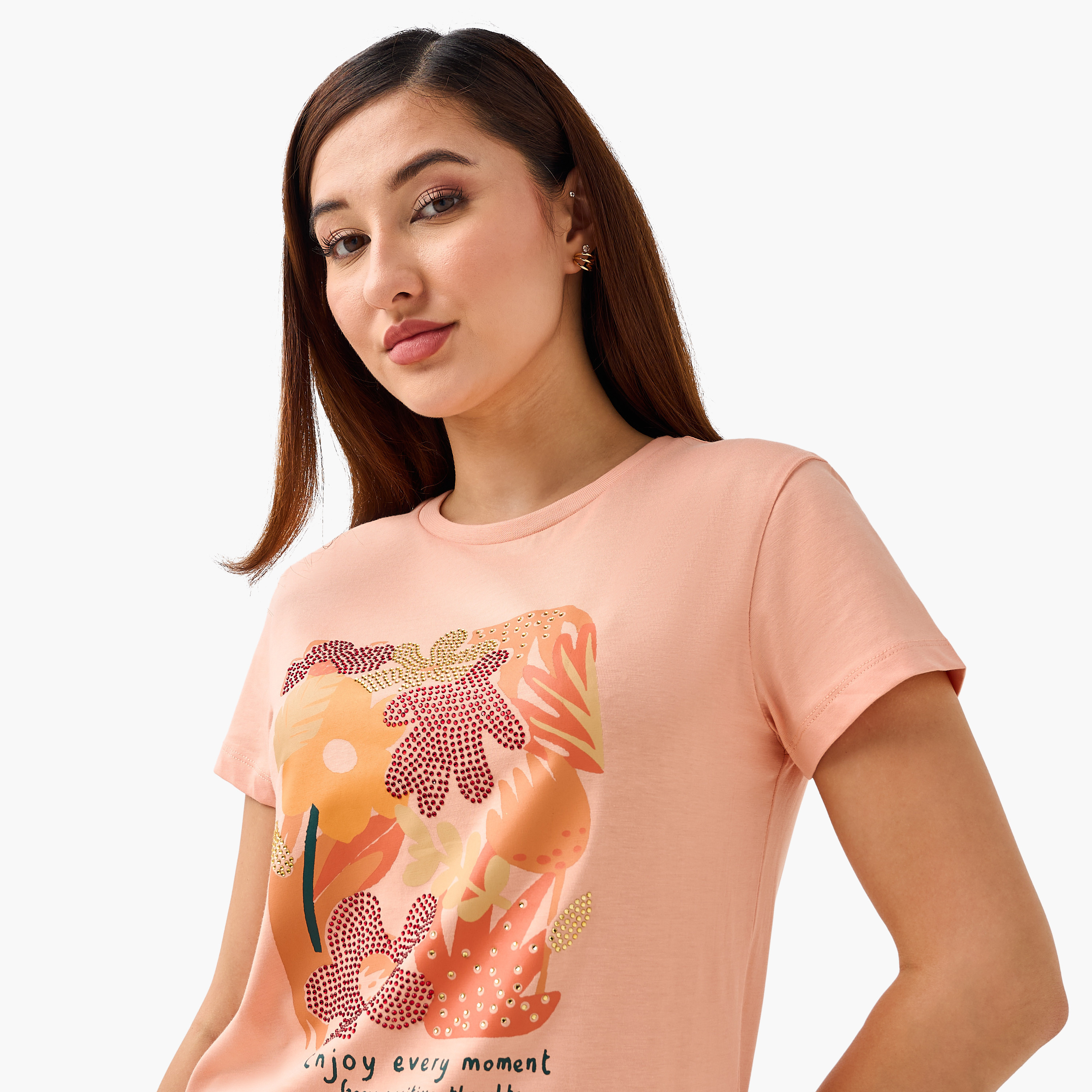 Regular Fit Cotton T-shirt with Embellishments-women-clothing-tshirts-image-5