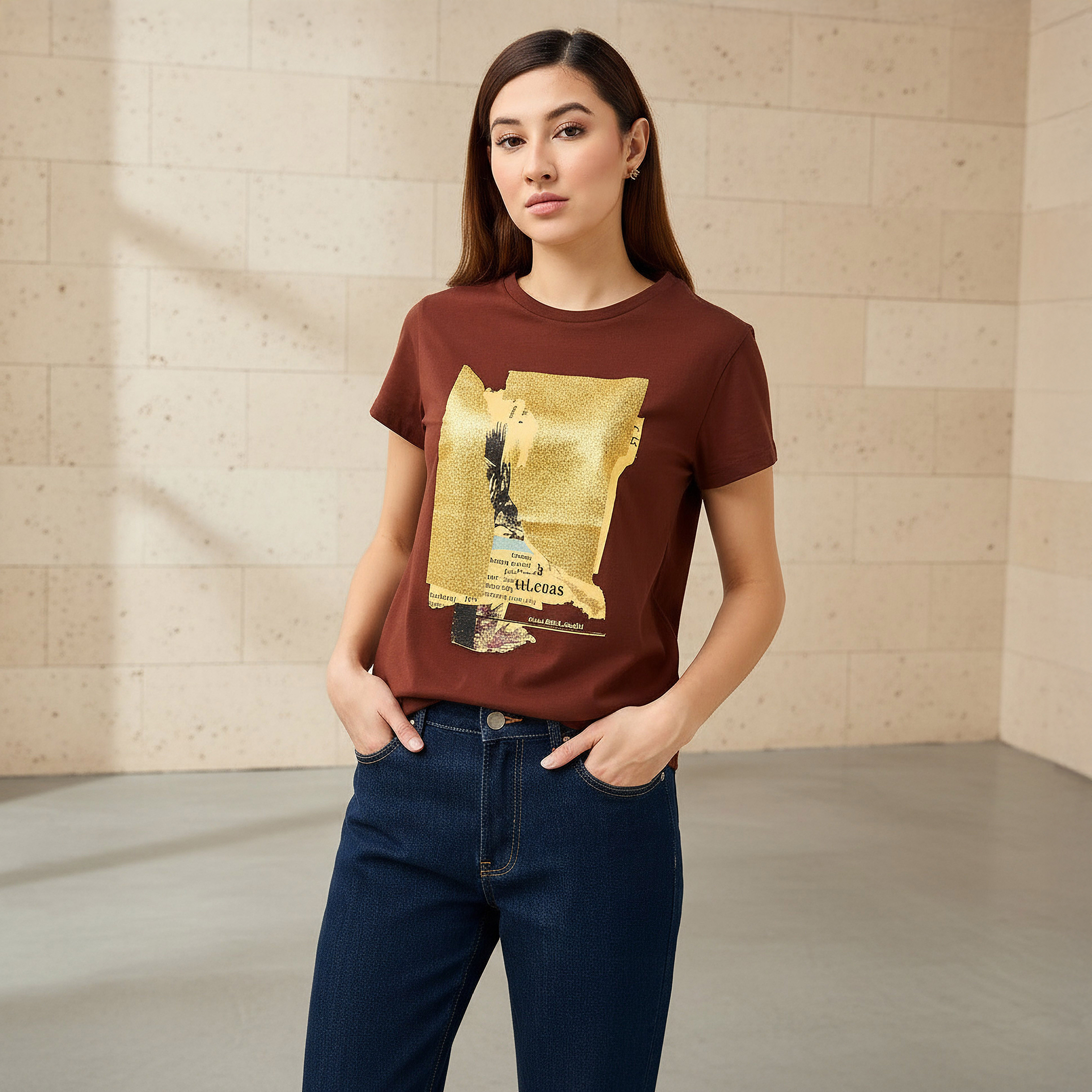 تيشيرت قطن بقصة عادية وطبعات-women-clothing-tshirts-image-1