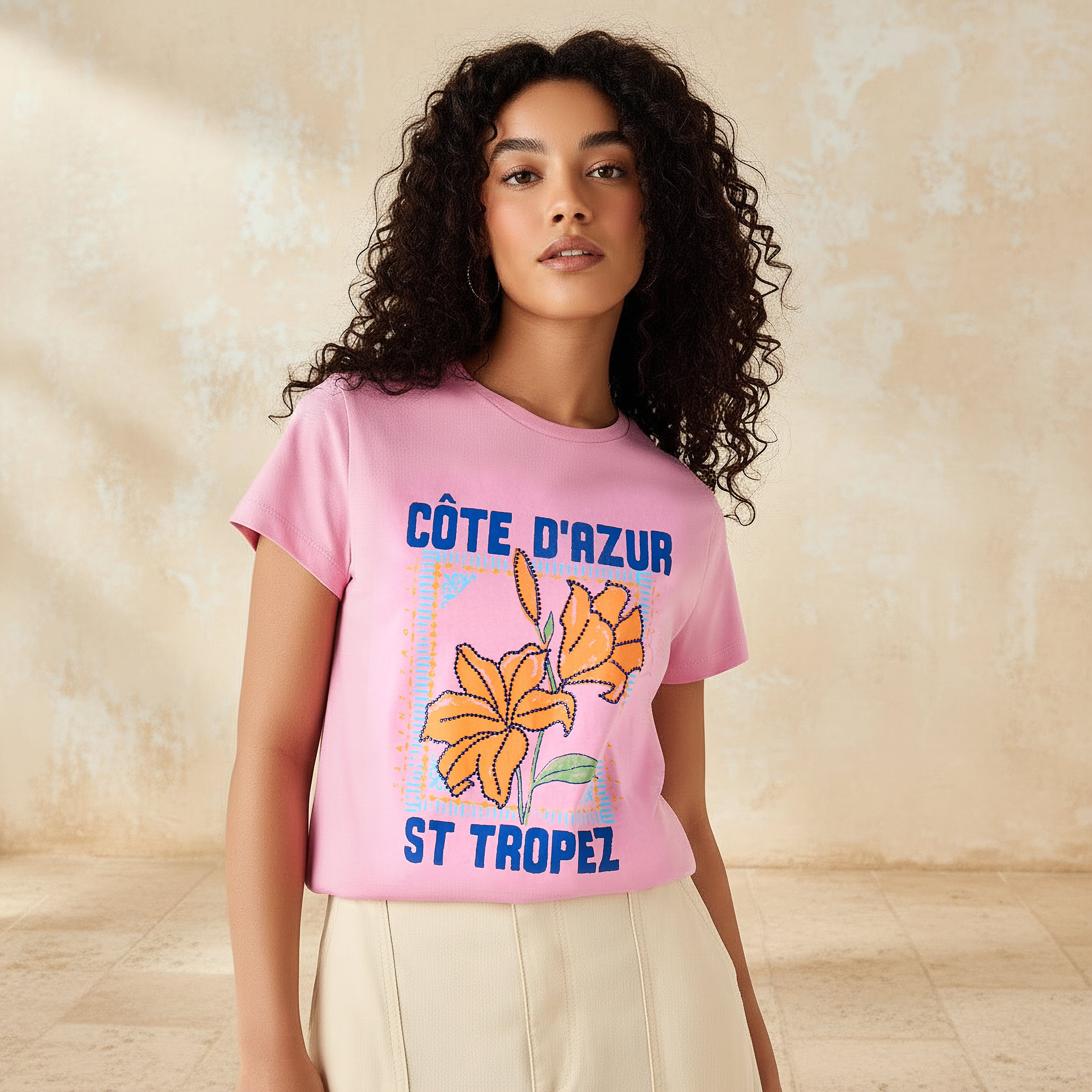 Regular Fit Cotton T-shirt with Typographic Print-women-clothing-tshirts-image-1