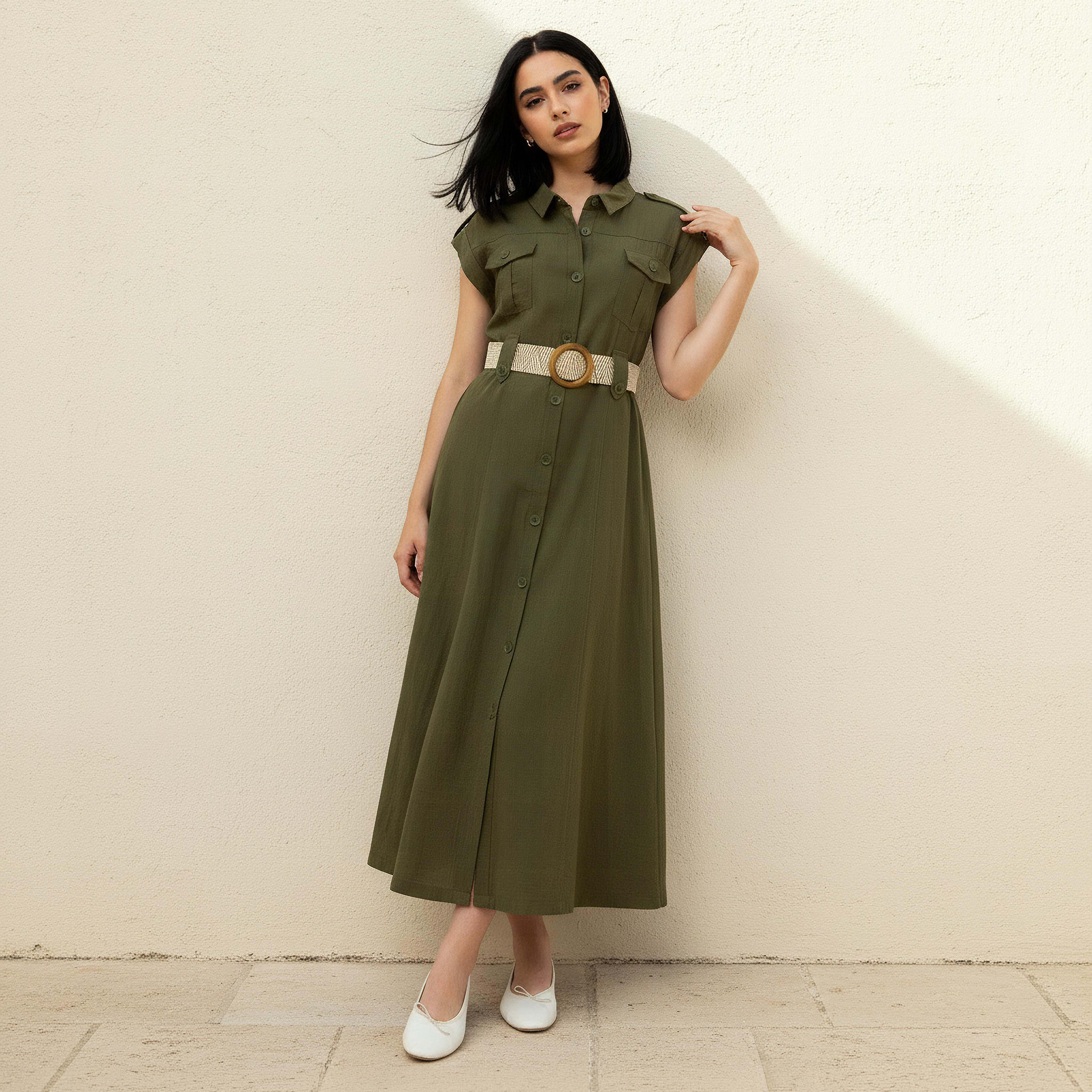 Midi Shirt Dress with Belt-women-clothing-dresses-image-1