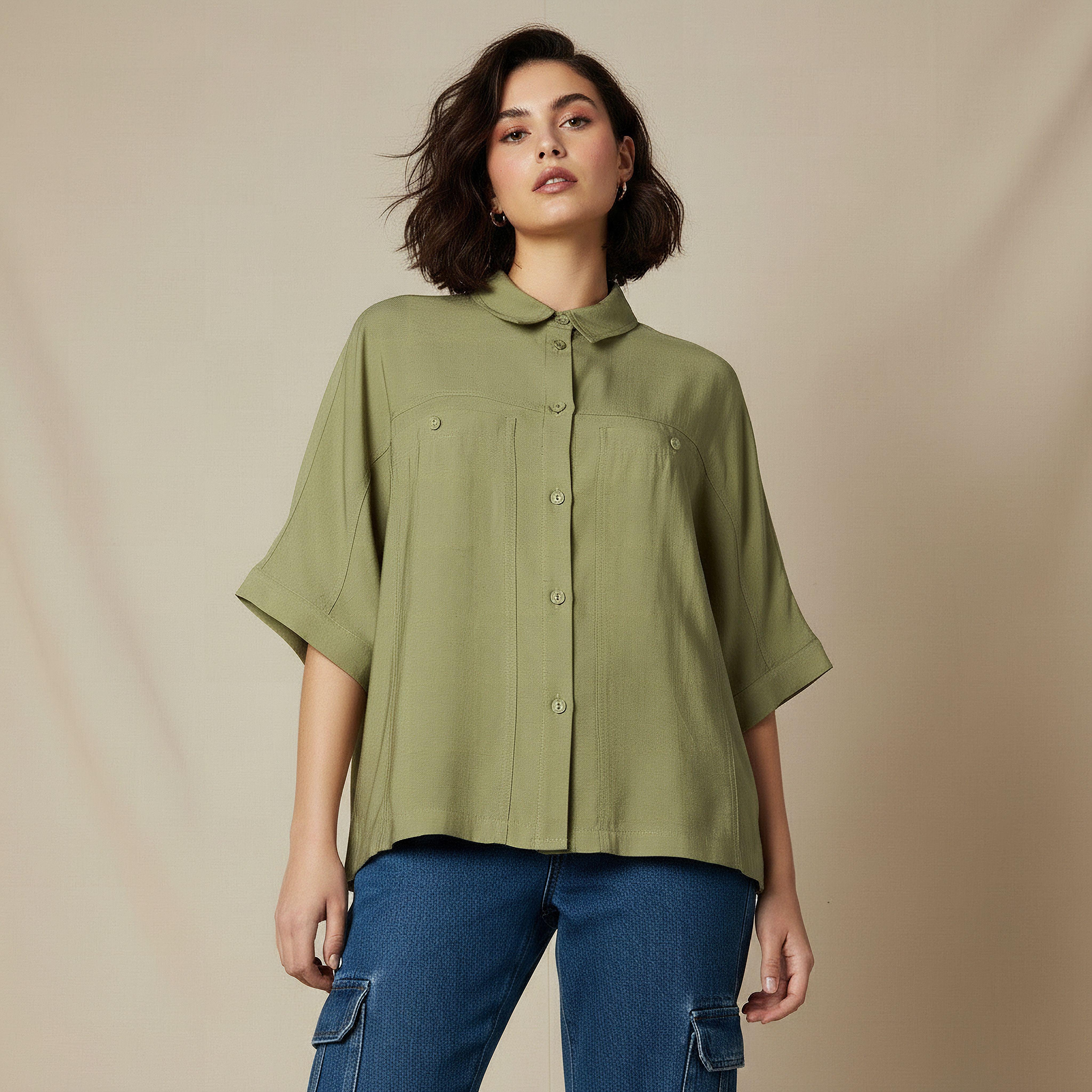Relaxed Fit Linen Blend Shirt with Dropped Sleeves-women-clothing-shirtsandblouses-shirts-image-5