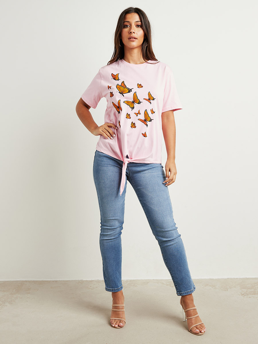 Butterfly Graphic Printed T-shirt with Self Tie-Hem-women-clothing-tshirts-image-2
