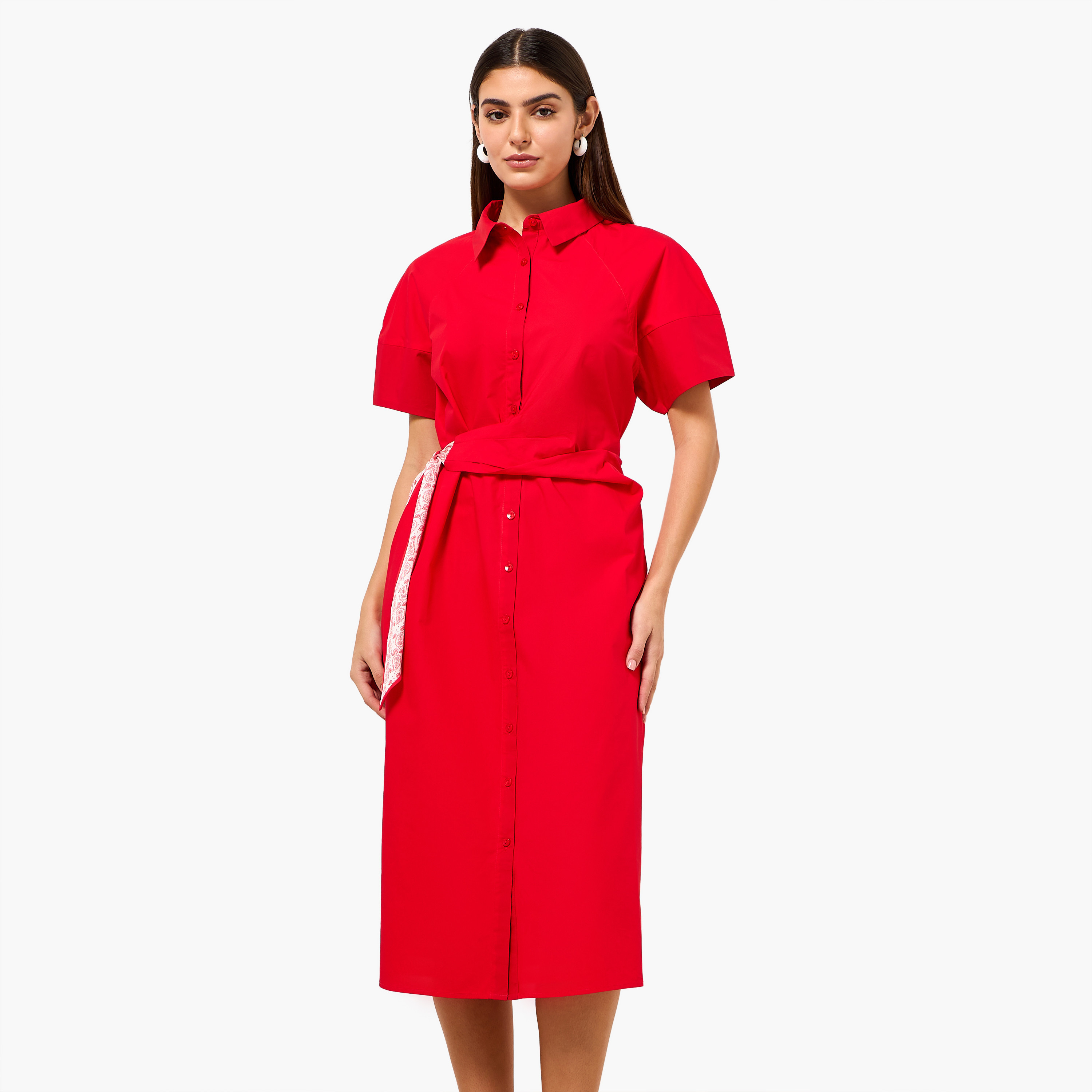 فستان قميص قطن بتفاصيل وشاح للنساء-women-clothing-dresses-image-2