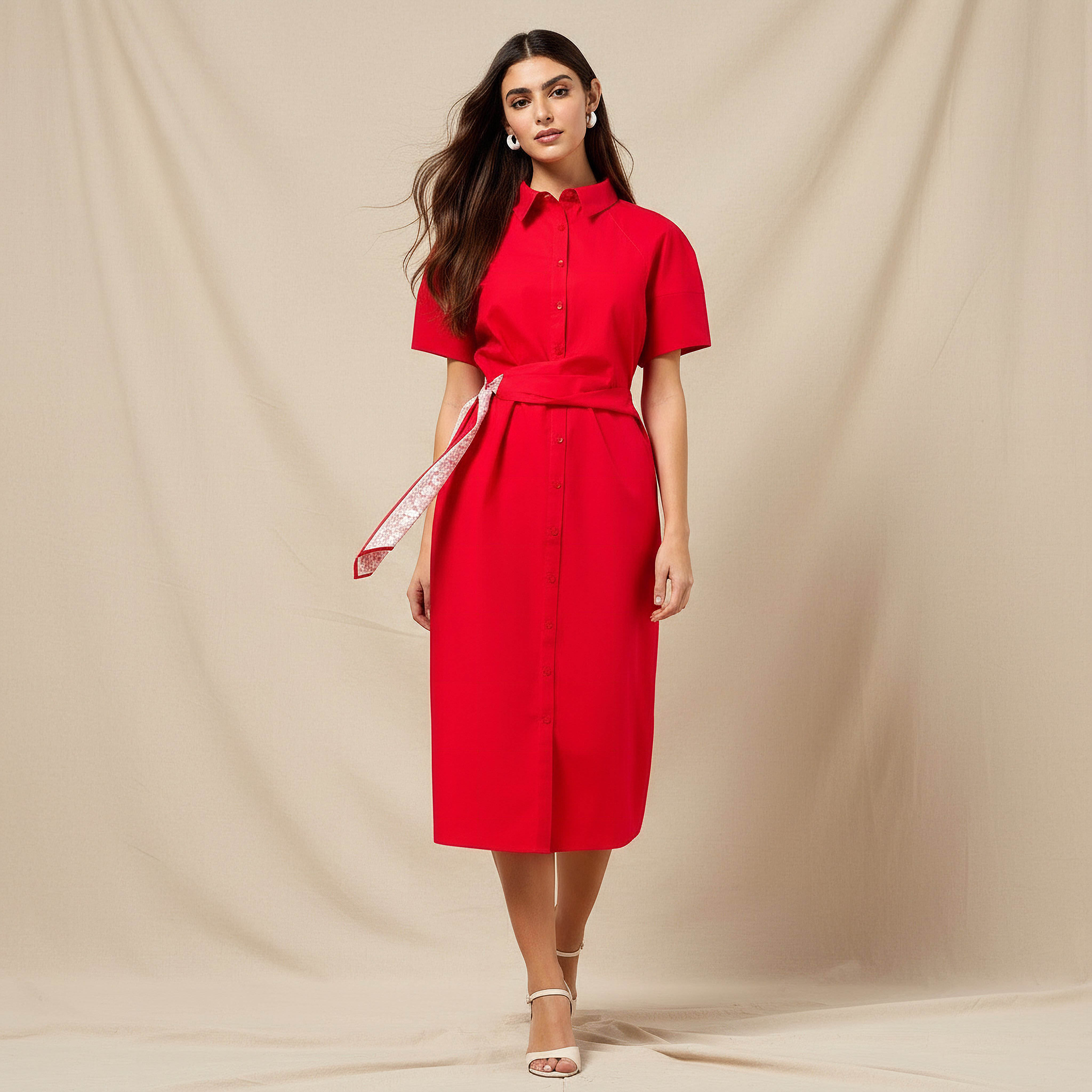 فستان قميص قطن بتفاصيل وشاح للنساء-women-clothing-dresses-image-1