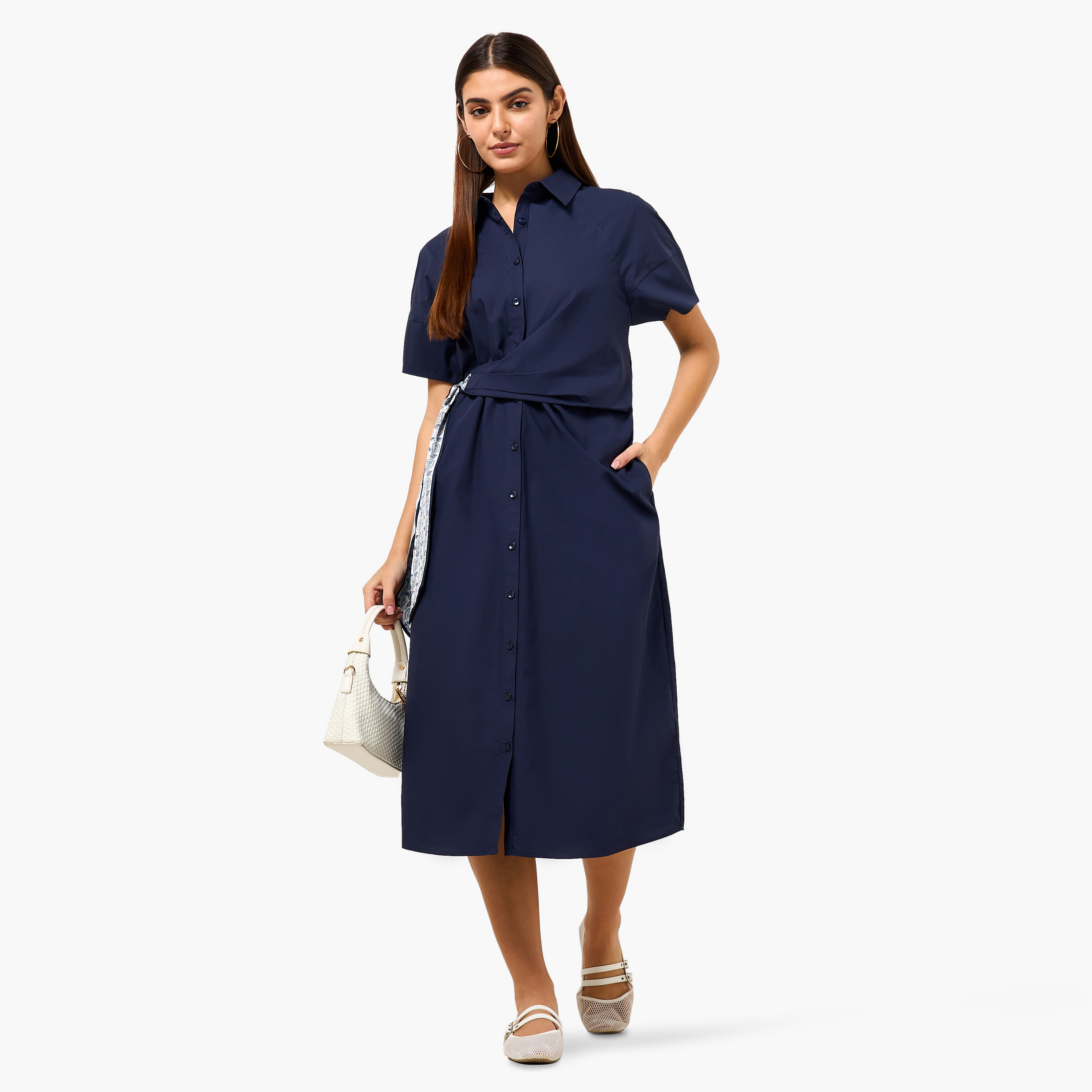 فستان قميص قطن بتفاصيل وشاح للنساء-women-clothing-dresses-image-4