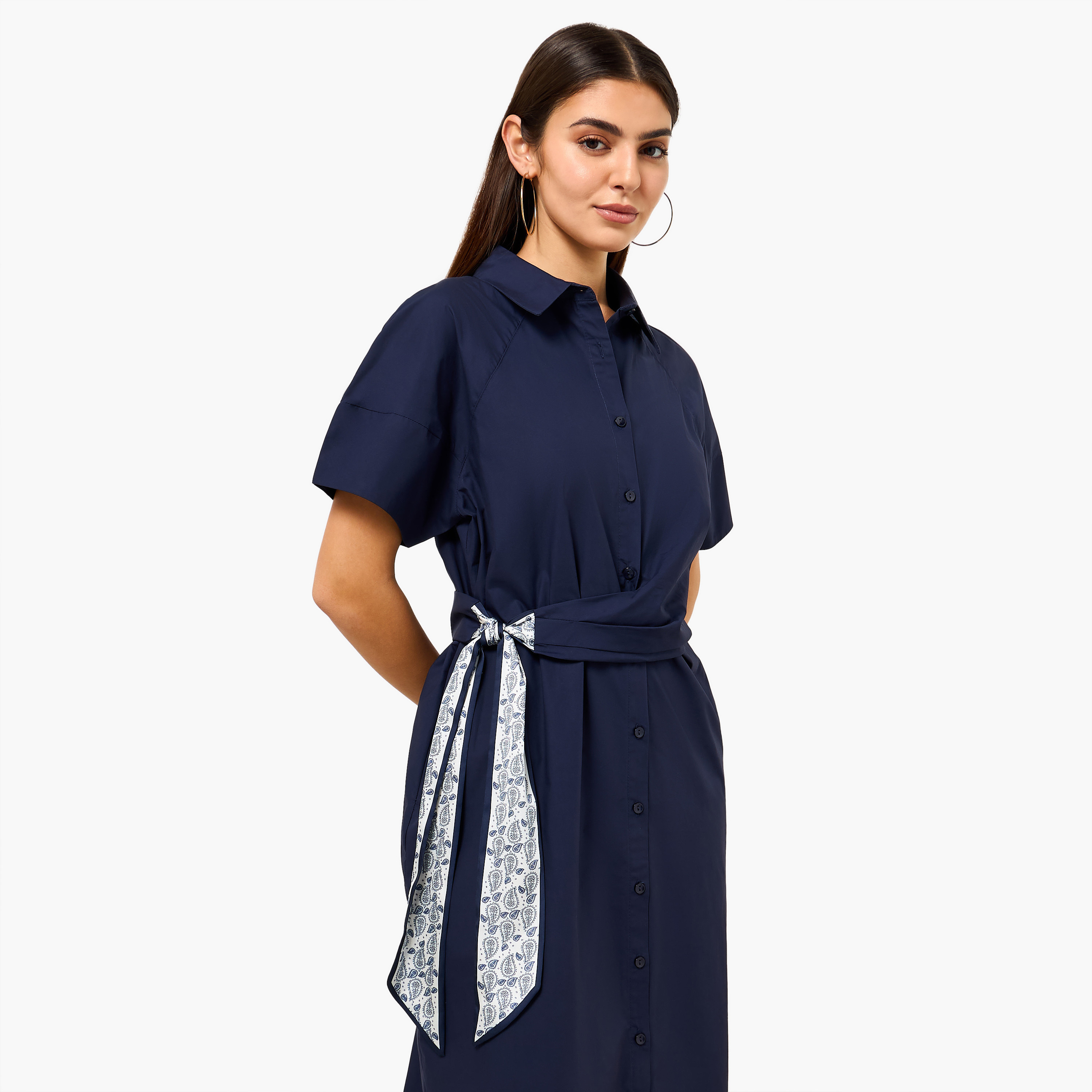 فستان قميص قطن بتفاصيل وشاح للنساء-women-clothing-dresses-image-6