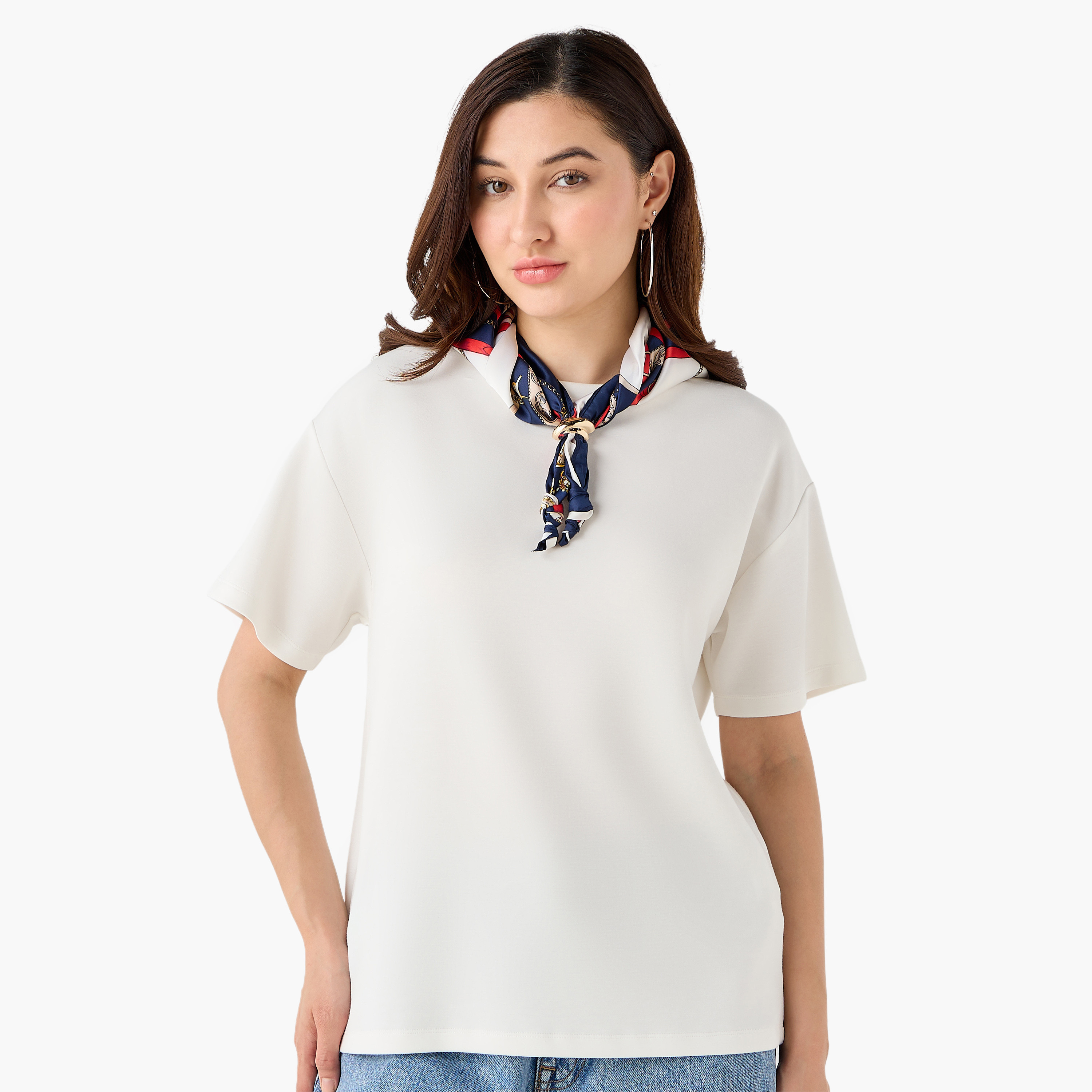Boxy Fit T-shirt with Attached Scarf Detail-women-clothing-tshirts-image-2