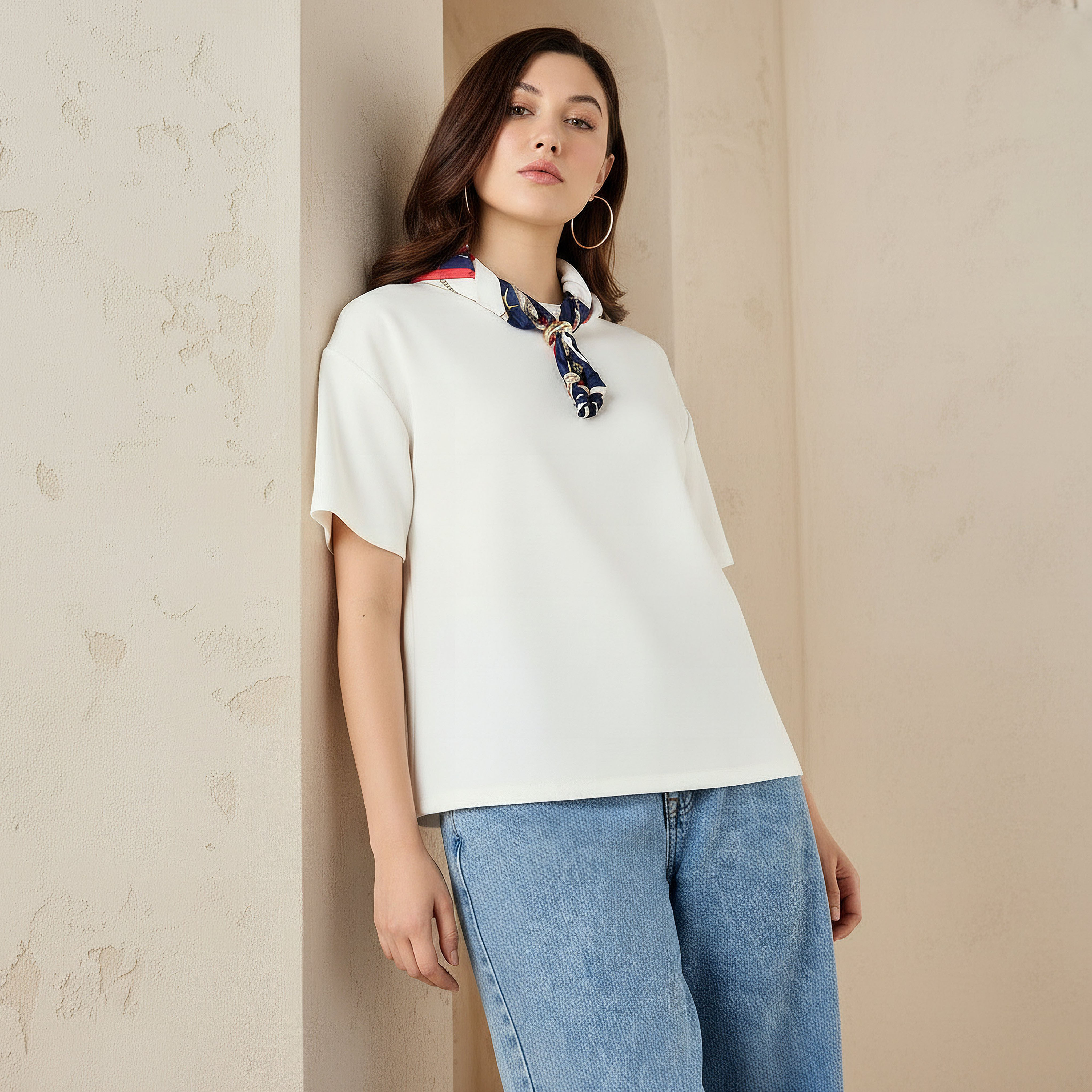 Boxy Fit T-shirt with Attached Scarf Detail-women-clothing-tshirts-image-1