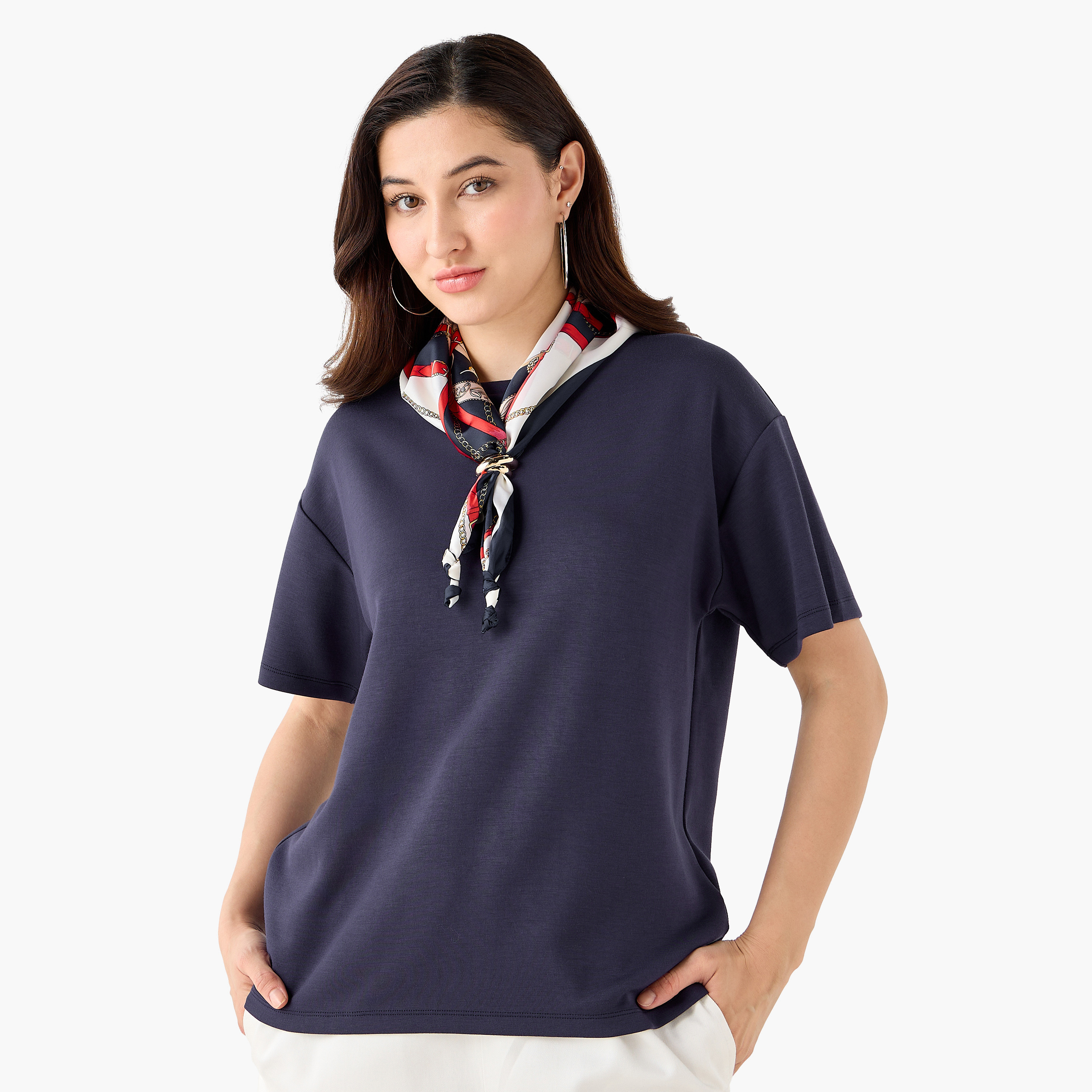 Boxy Fit T-shirt with Attached Scarf Detail-women-clothing-tshirts-image-2