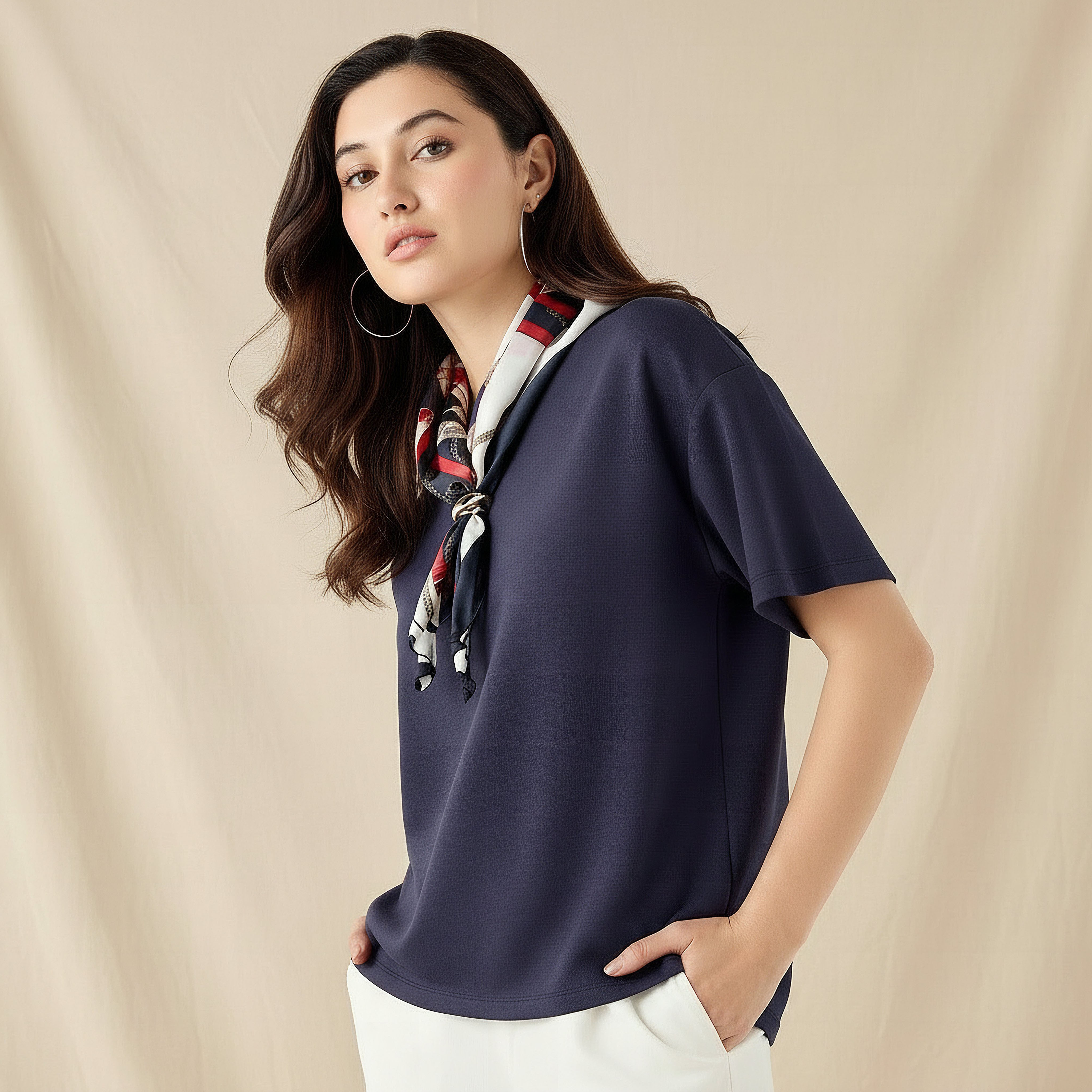 Boxy Fit T-shirt with Attached Scarf Detail-women-clothing-tshirts-image-1