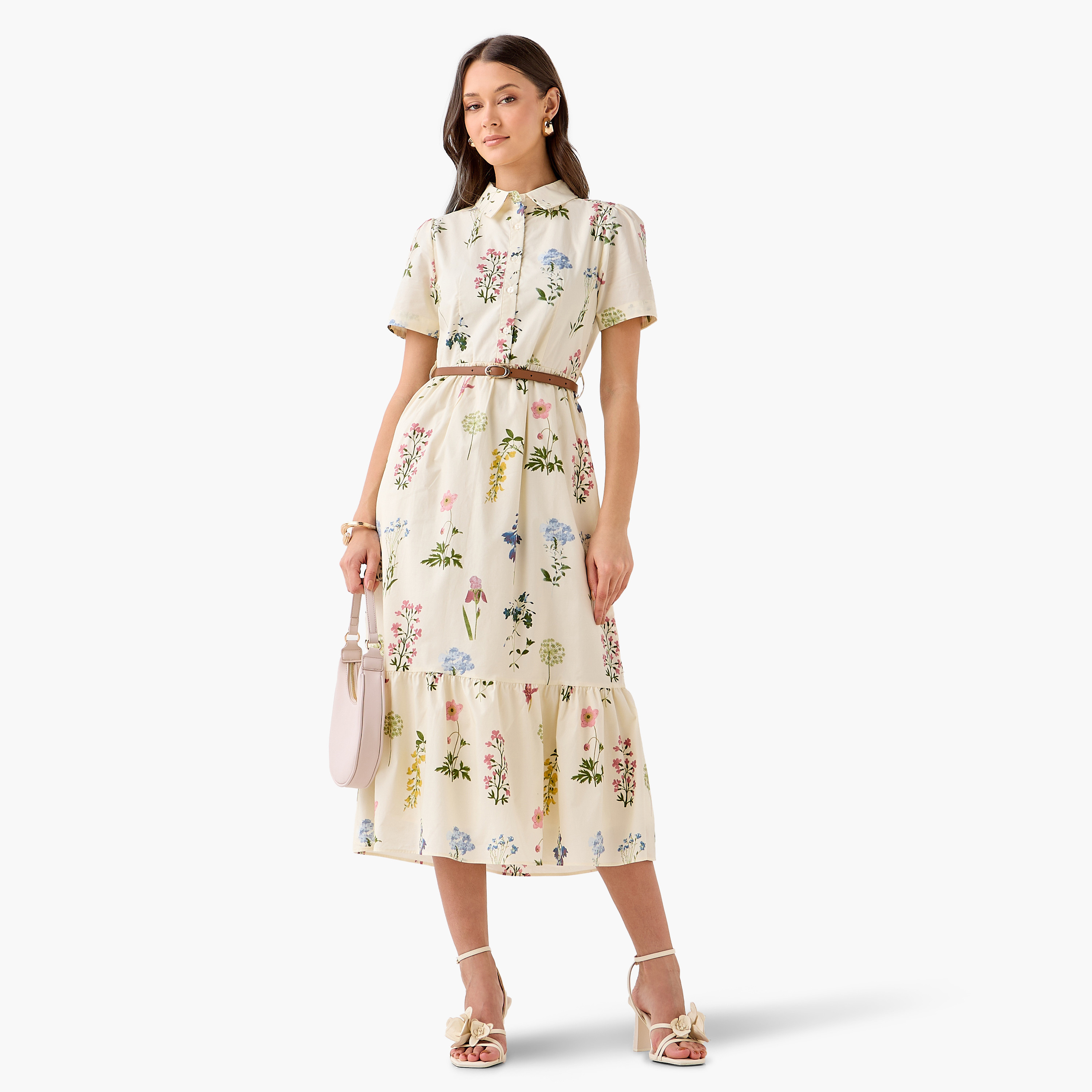 Belted Midi Cotton Shirt Dress with Floral Print-women-clothing-dresses-image-5