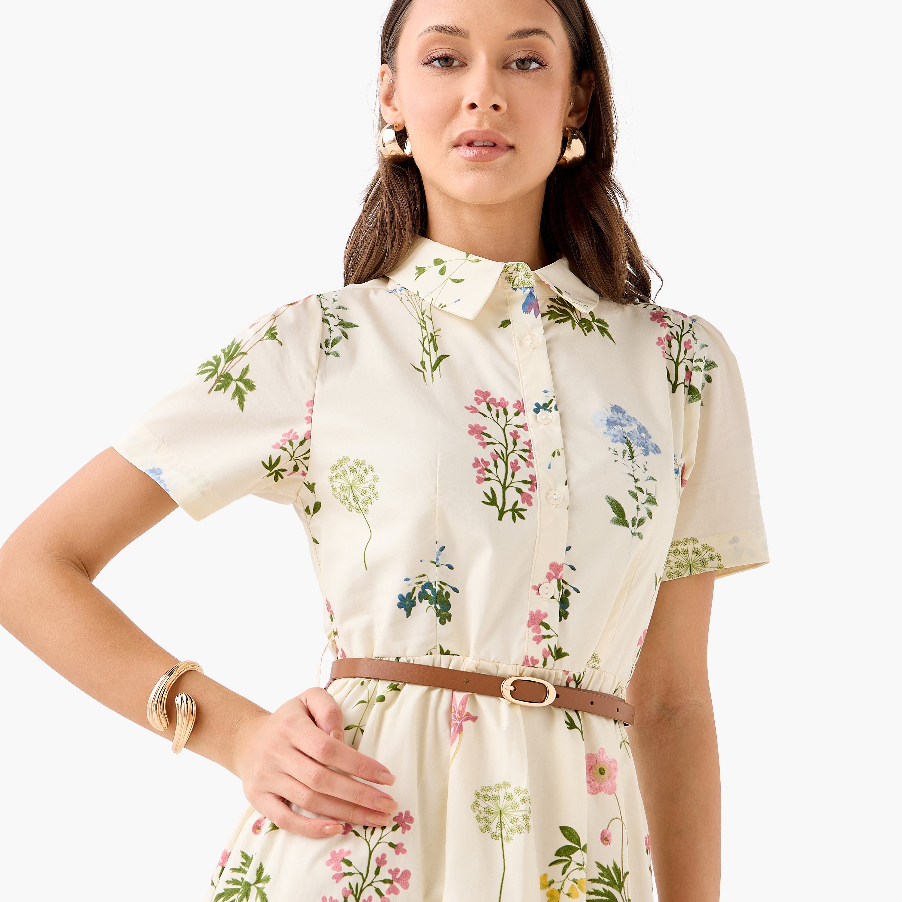 Belted Midi Cotton Shirt Dress with Floral Print-women-clothing-dresses-image-7