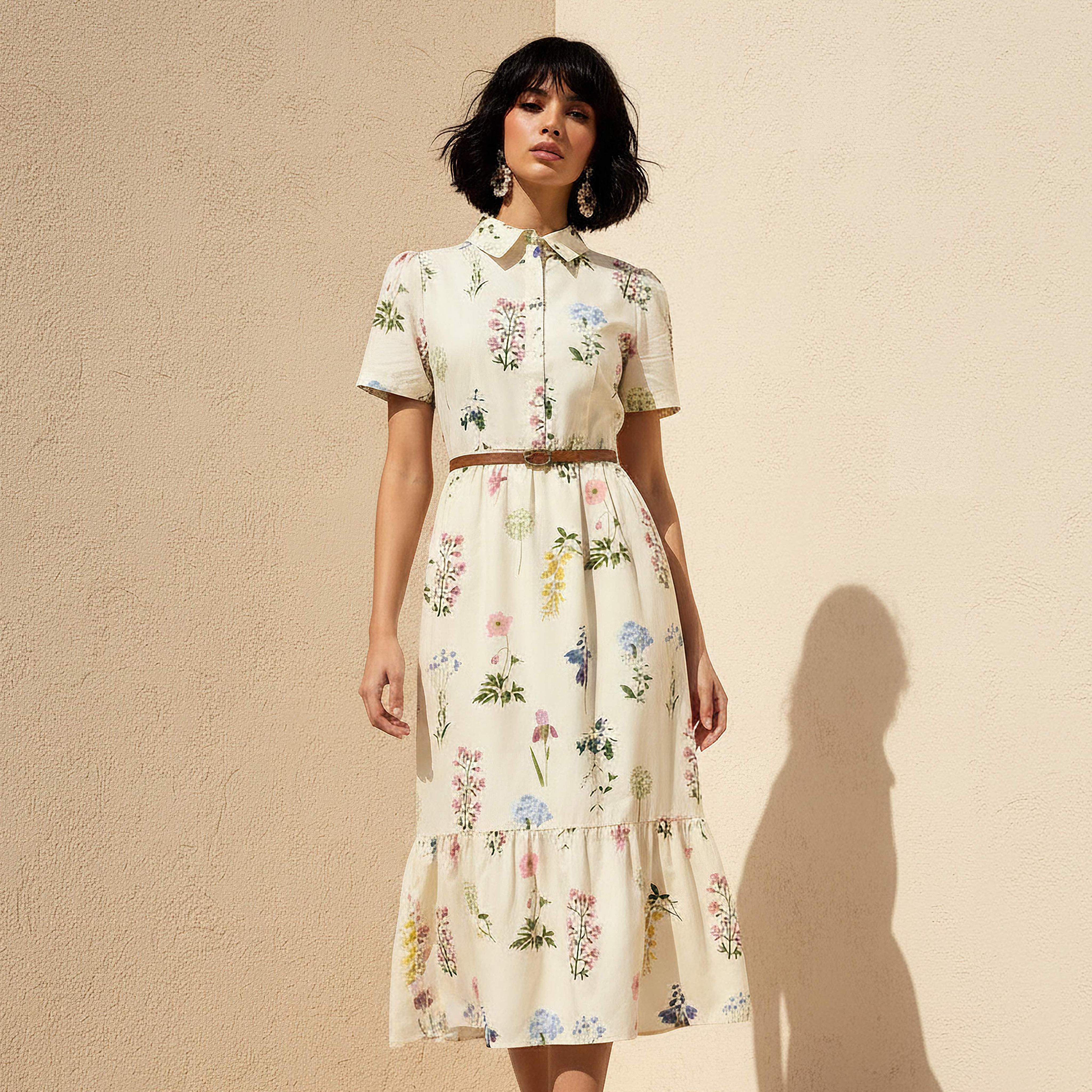 Belted Midi Cotton Shirt Dress with Floral Print-women-clothing-dresses-image-1