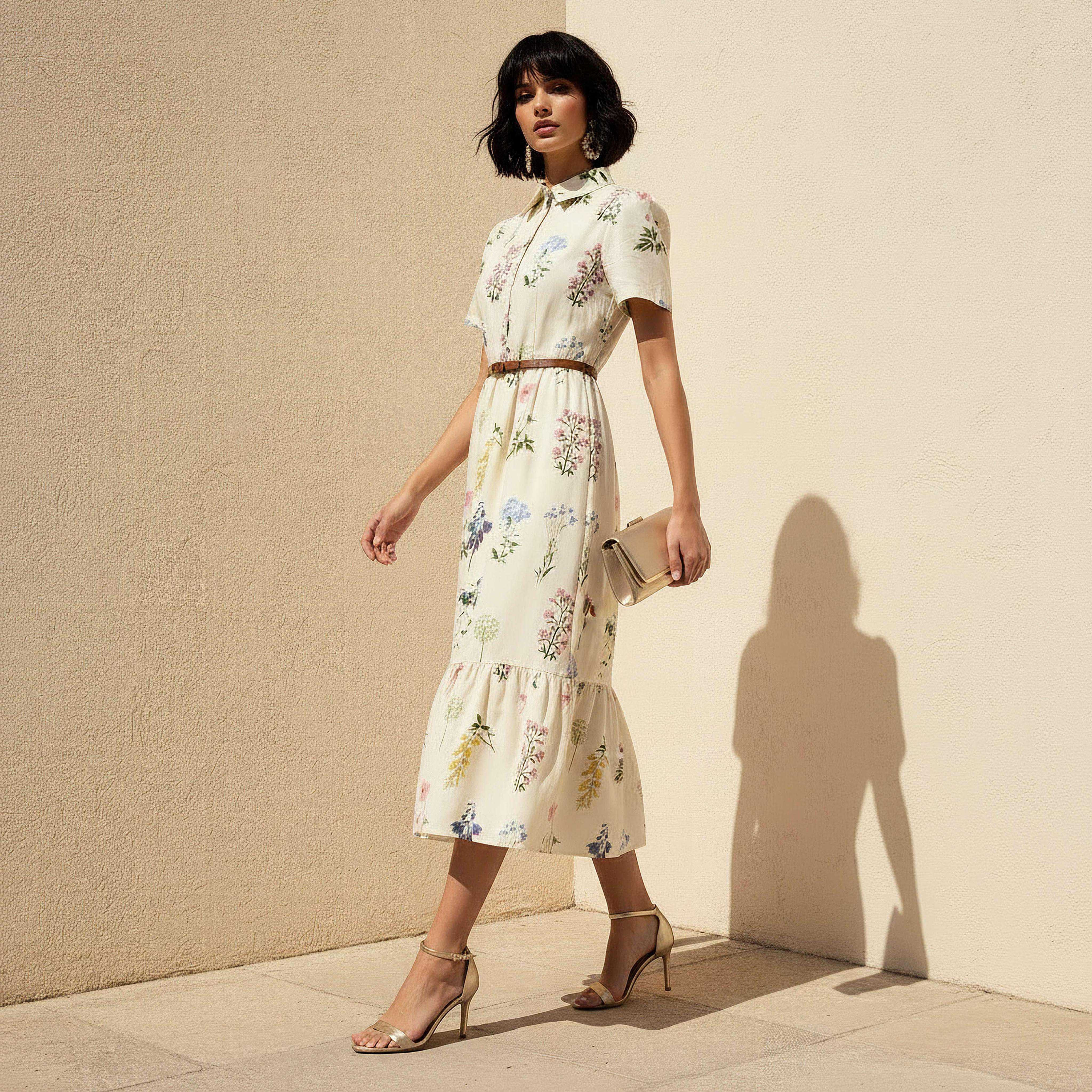 Belted Midi Cotton Shirt Dress with Floral Print-women-clothing-dresses-image-2