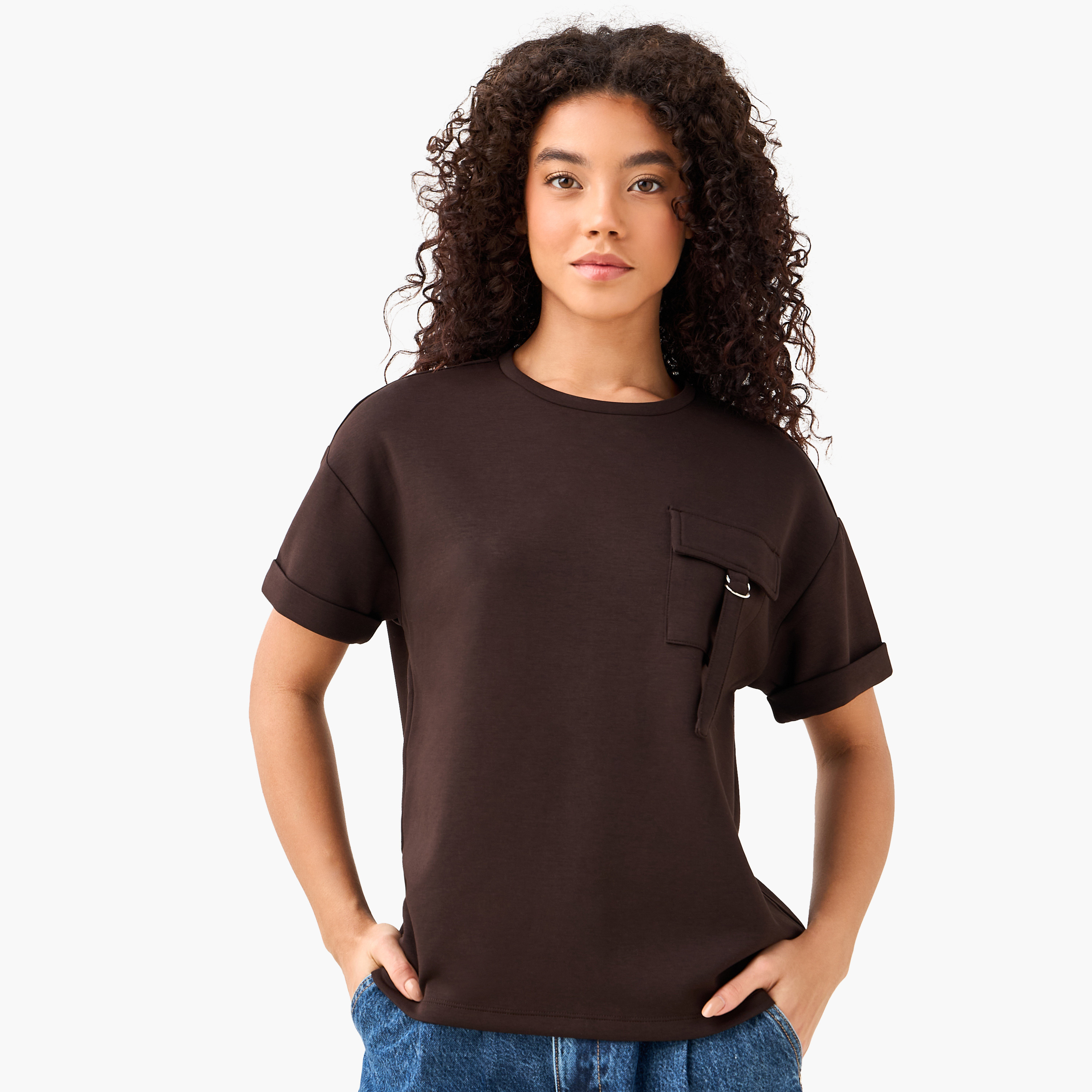 تيشيرت بقصّة مربّعة من مزيج المودال مع جيب عملي-women-clothing-tshirts-image-2