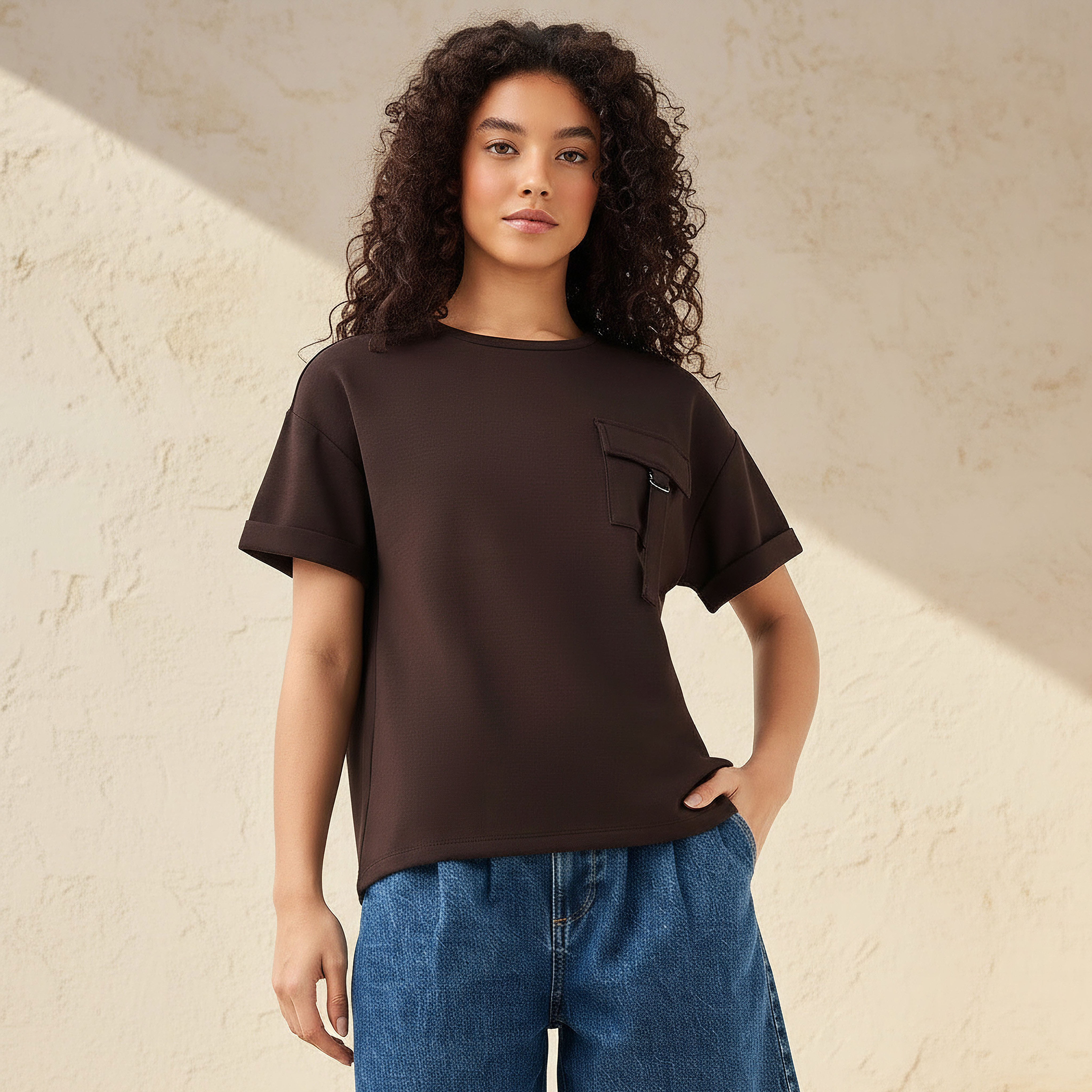 تيشيرت بقصّة مربّعة من مزيج المودال مع جيب عملي-women-clothing-tshirts-image-1