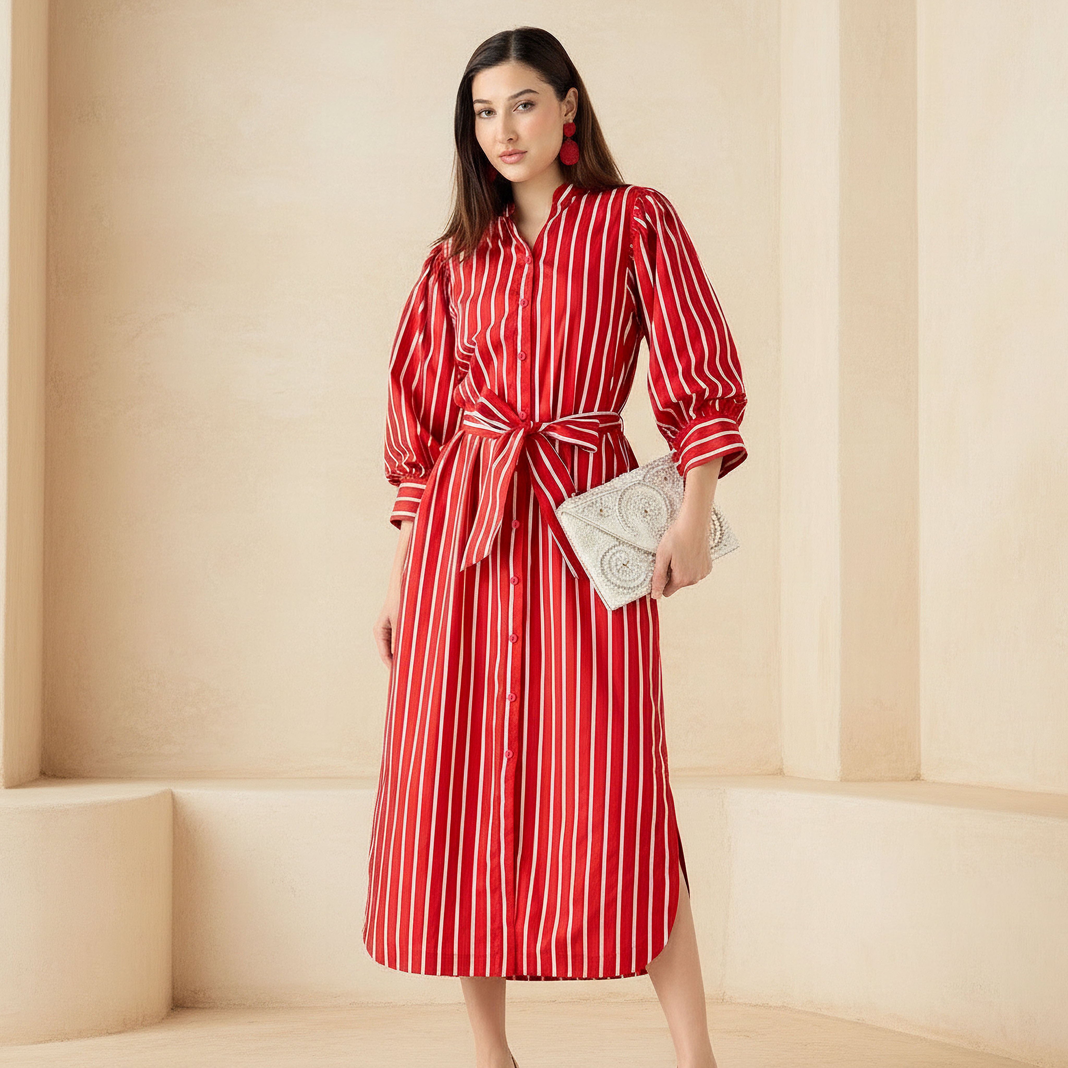 Striped Shirt Dress with Belt Cotton-women-clothing-dresses-image-1