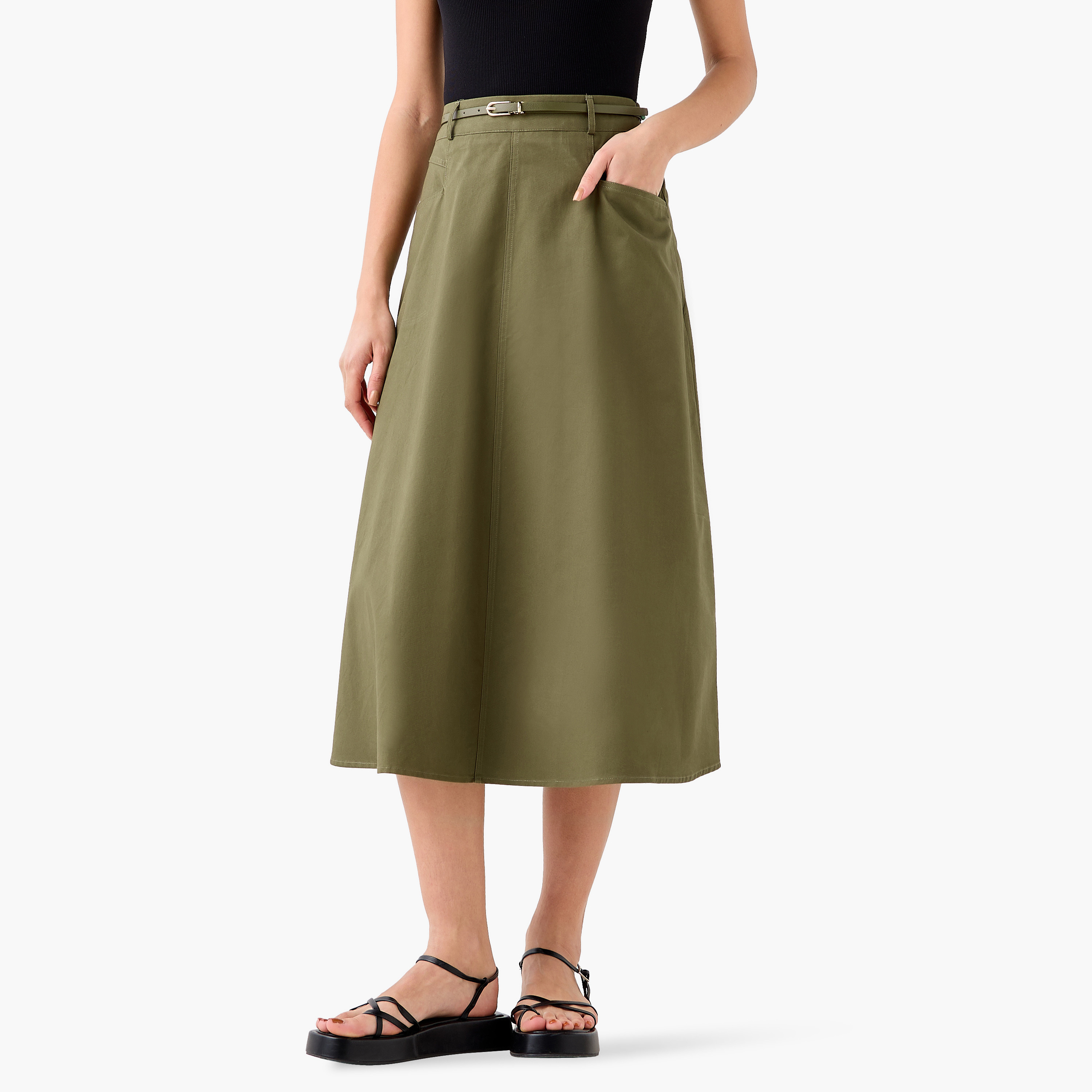 Midi Cotton Belted Skirt with Pockets-women-clothing-bottoms-skirts-image-2