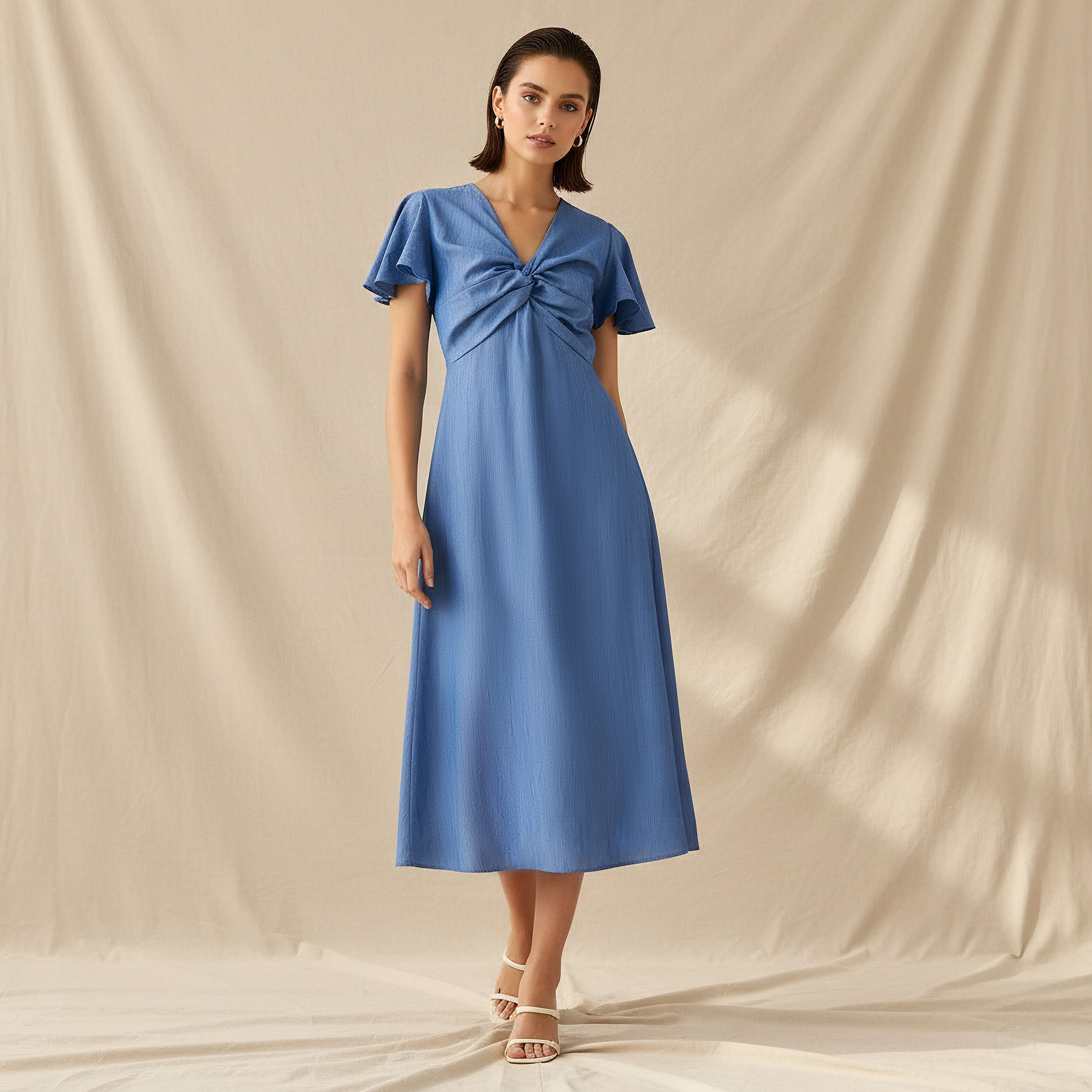 Twisted Midi A-Line Dress with Angel Sleeves-women-clothing-dresses-image-1
