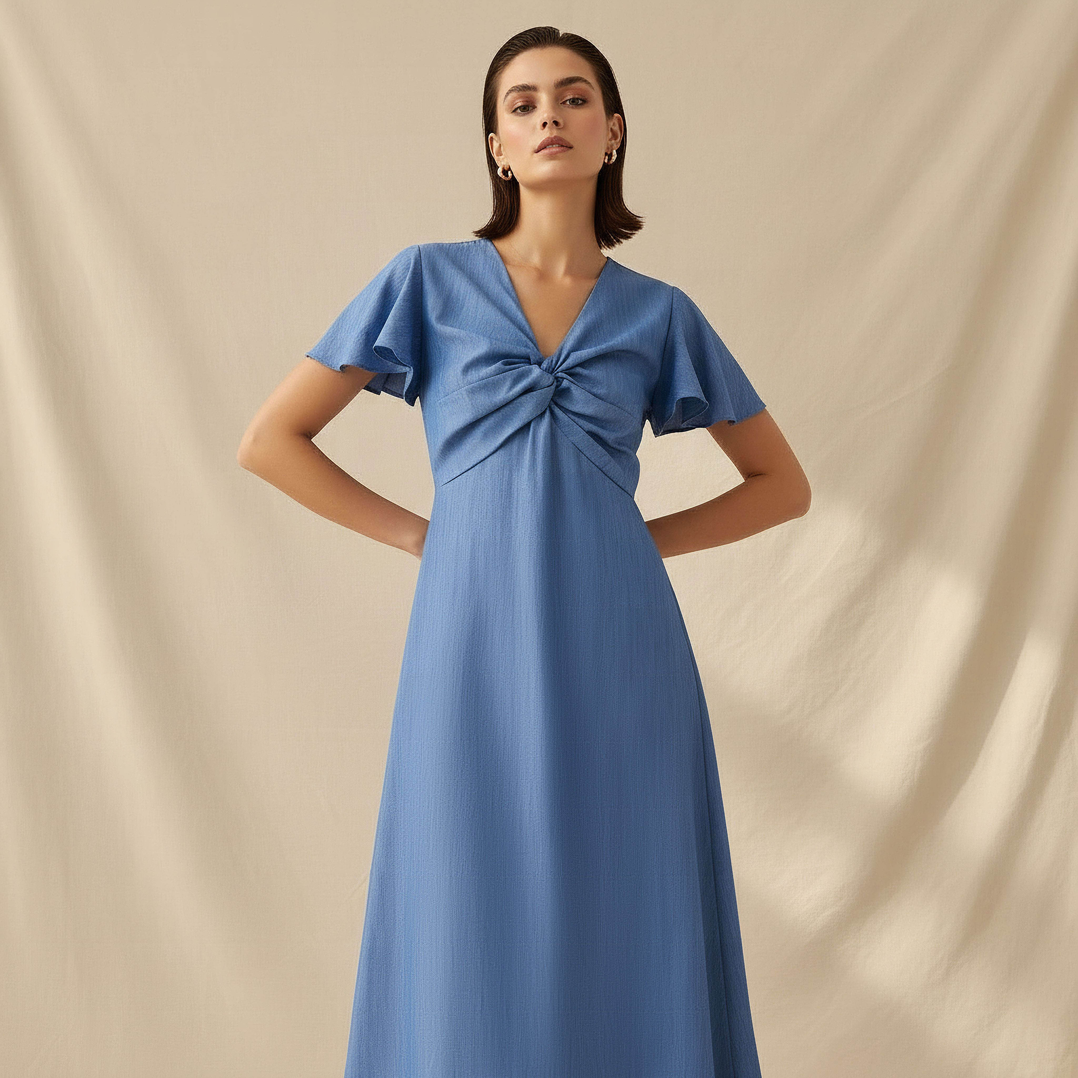 Twisted Midi A-Line Dress with Angel Sleeves-women-clothing-dresses-image-2