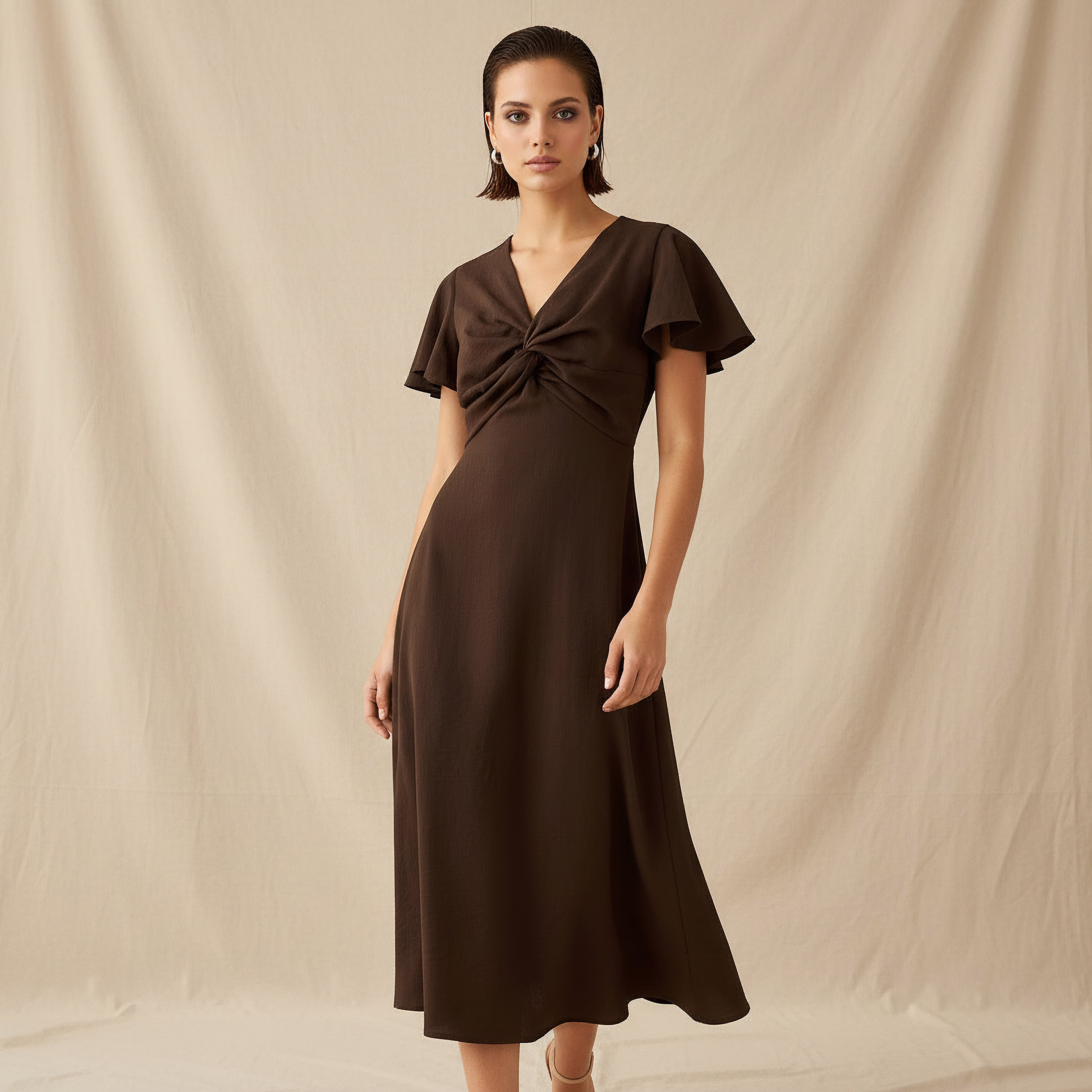 Twisted Midi A-Line Dress with Angel Sleeves-women-clothing-dresses-image-1