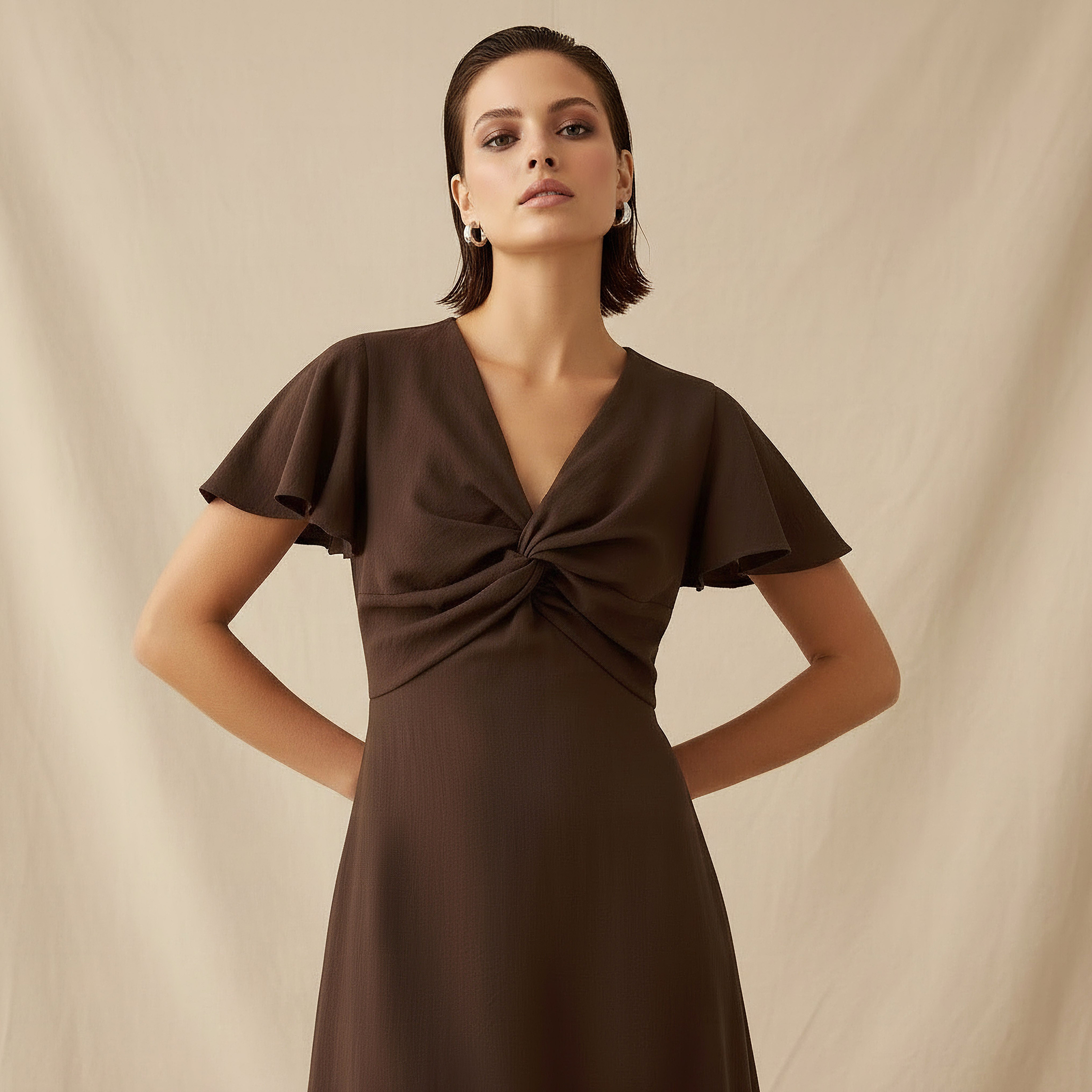 Twisted Midi A-Line Dress with Angel Sleeves-women-clothing-dresses-image-2