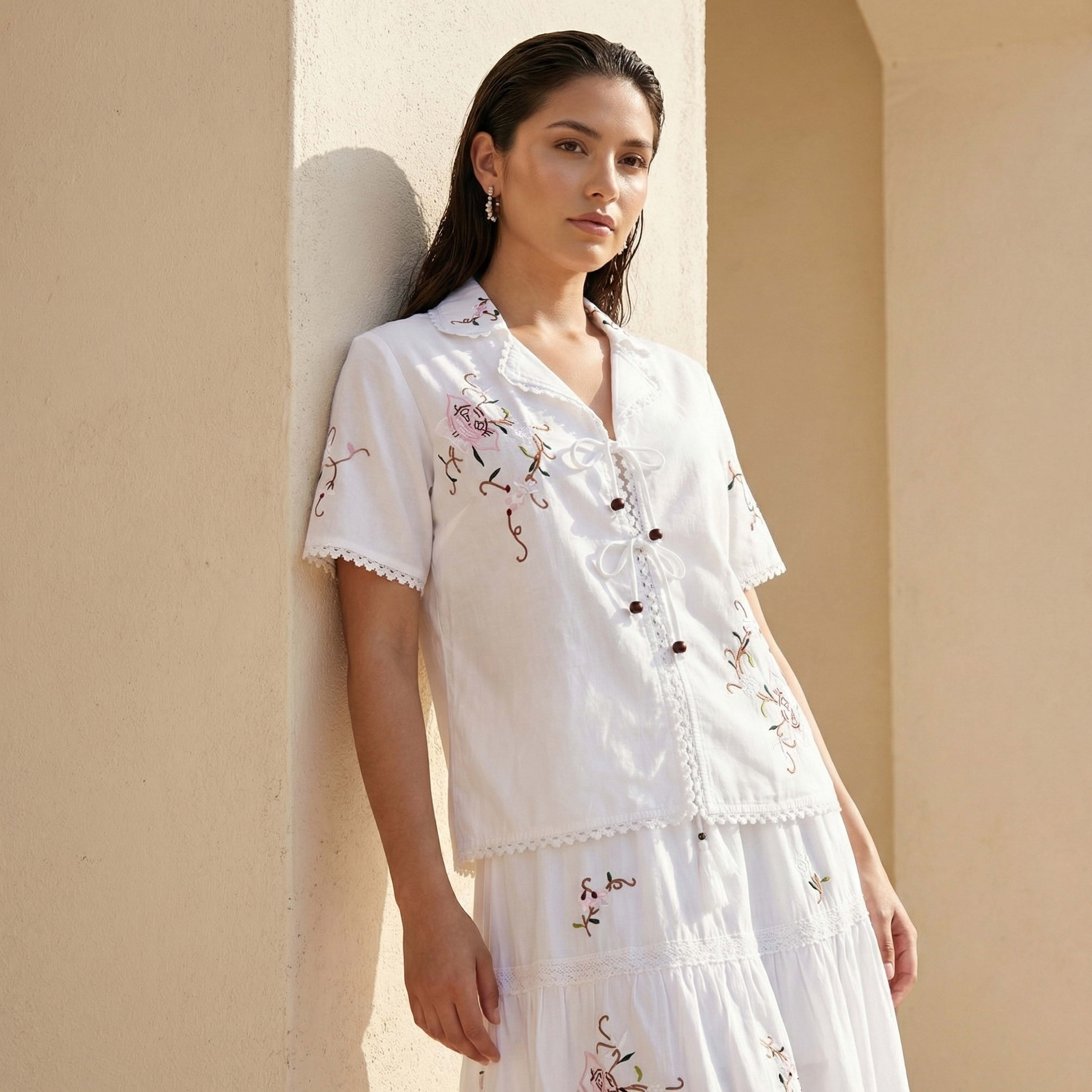 بلوزة قطن مطرزة بأربطة أمامية-women-clothing-shirtsandblouses-blouses-image-1