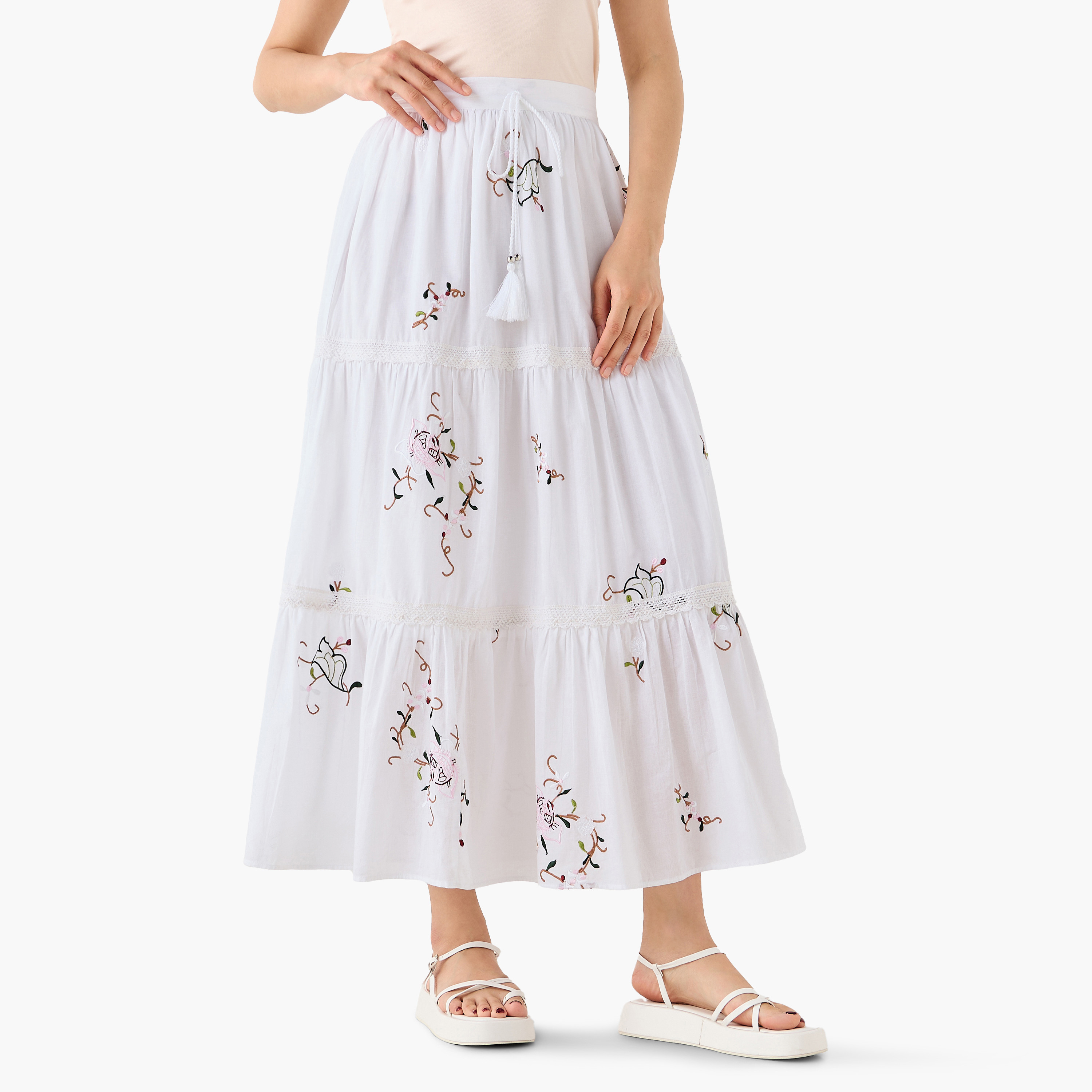 Midi Cotton A-line Skirt with Semi-Elastic Waist-women-clothing-bottoms-skirts-image-3