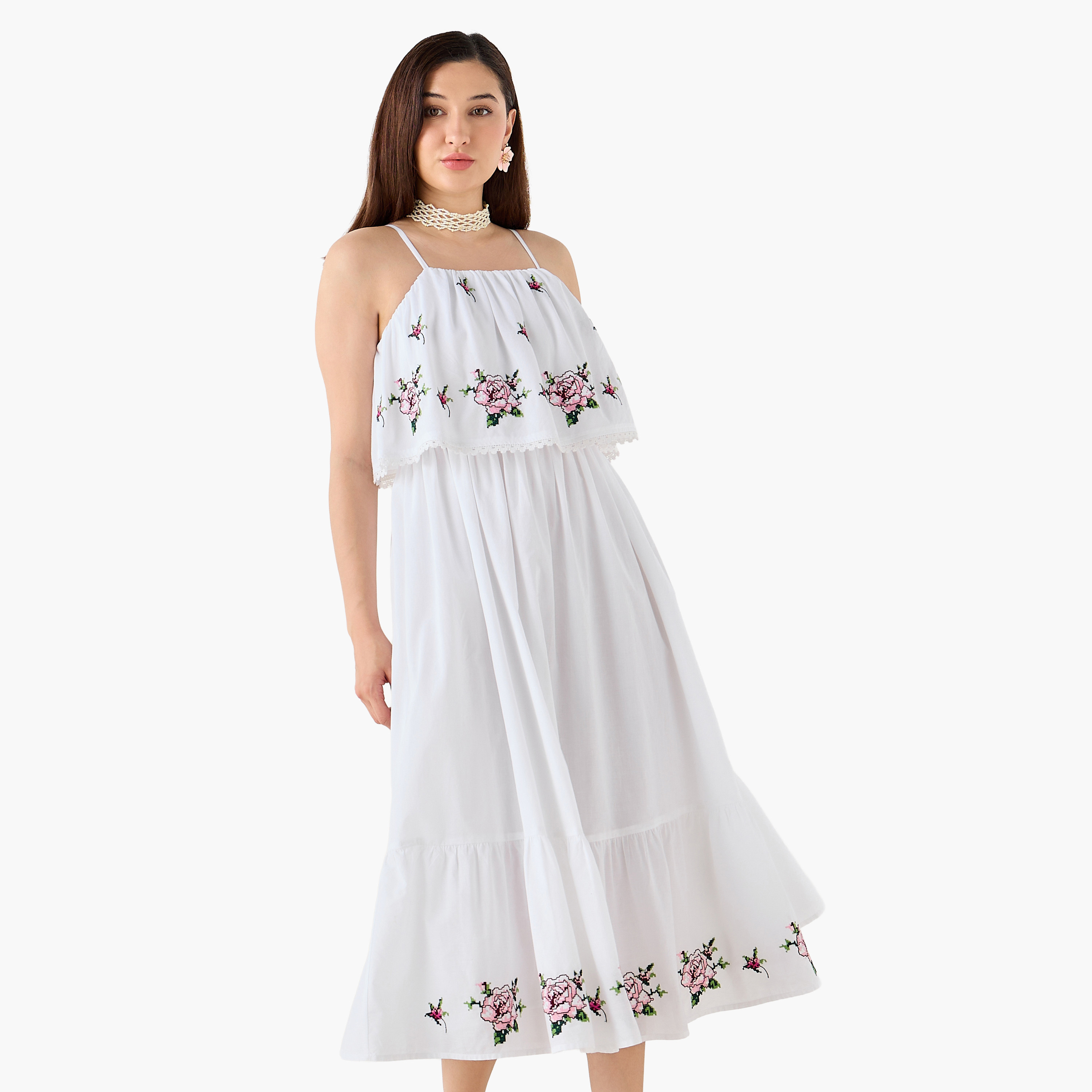 A-line Strappy Cotton Dress with Floral Embroidery-women-clothing-dresses-image-4