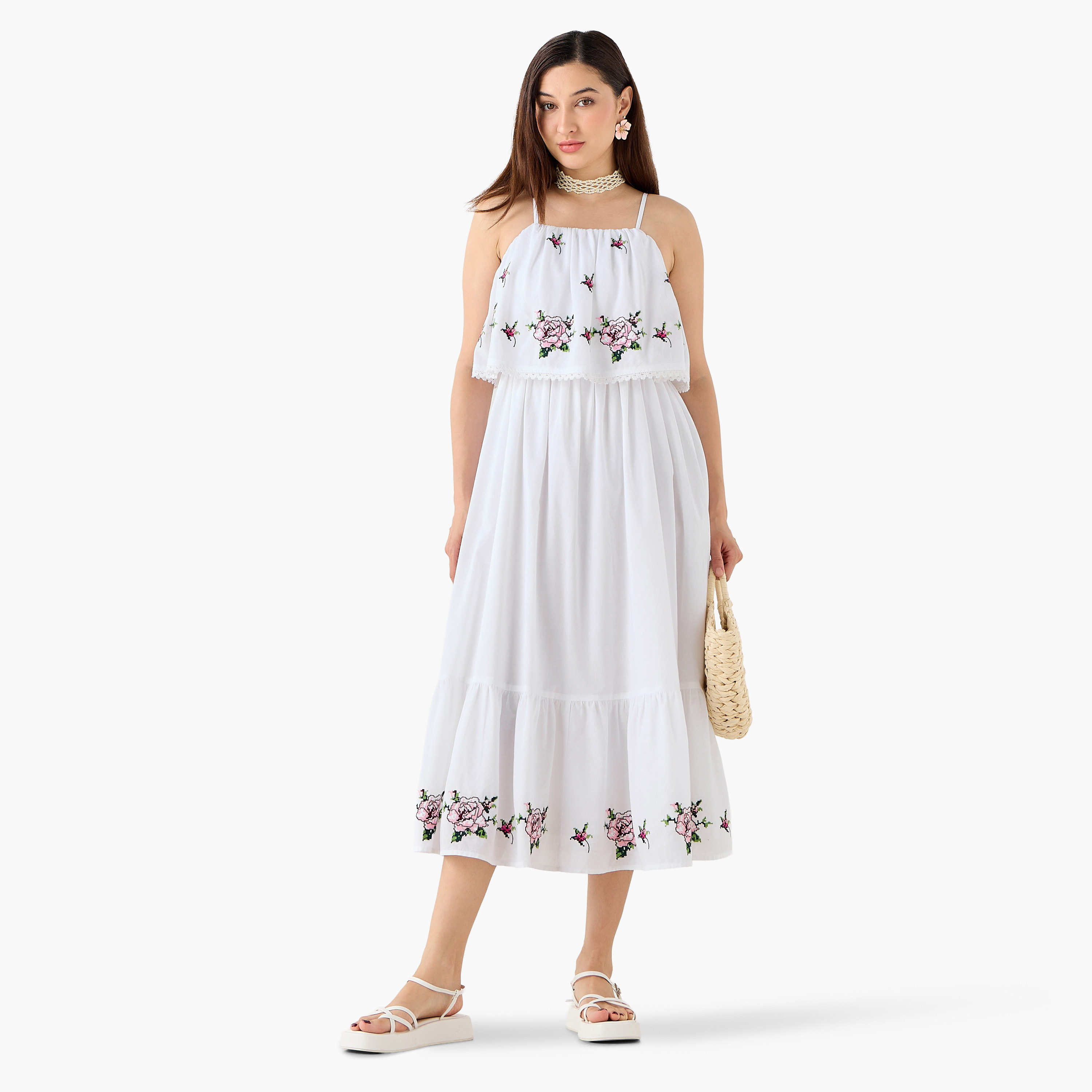 فستان قطن بحمّالات وقصة إيه لاين مع تطريز زهور للنساء-women-clothing-dresses-image-3