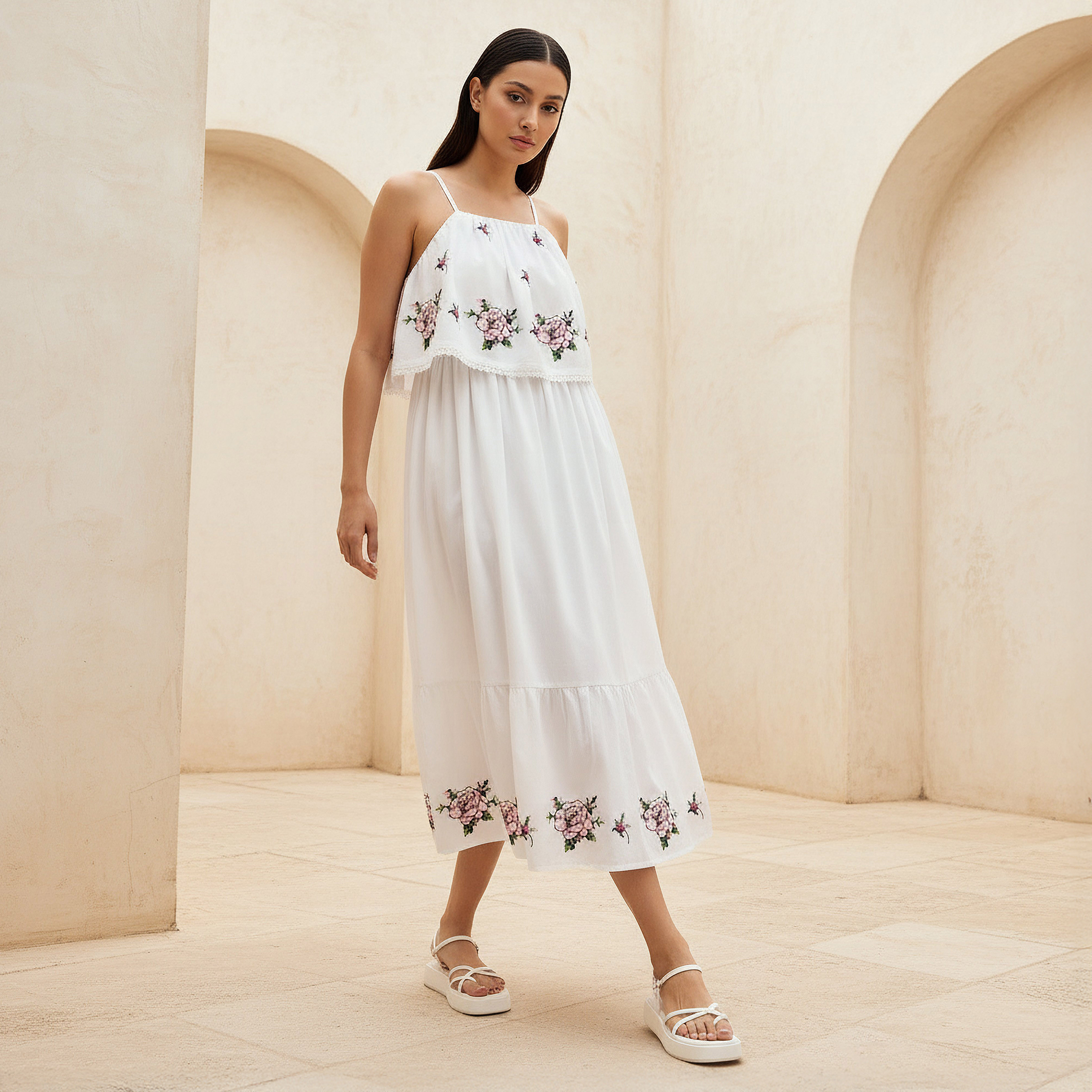 A-line Strappy Cotton Dress with Floral Embroidery-women-clothing-dresses-image-1